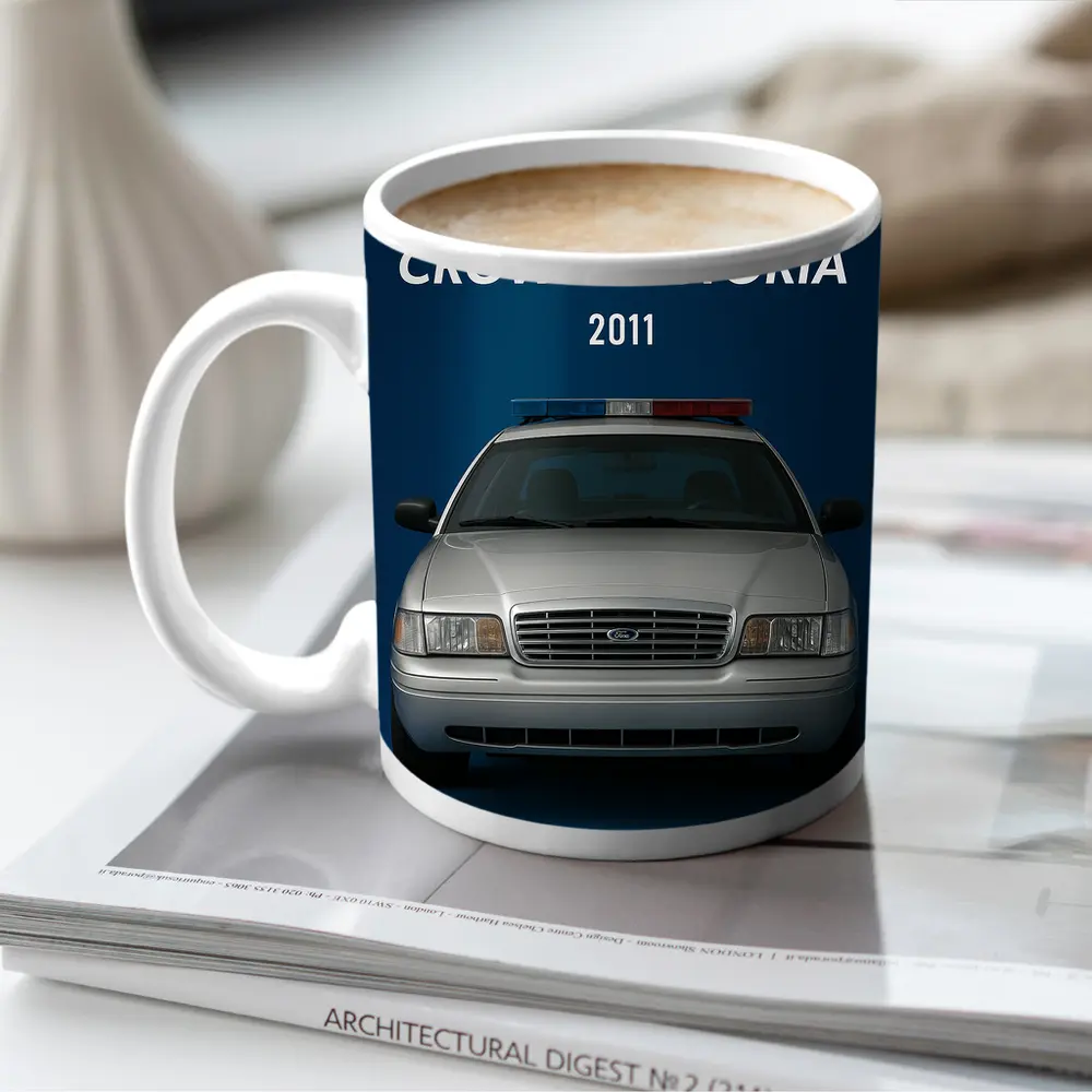 Ford Crown Victoria Police Car Blue Background – Mugs