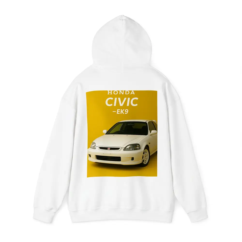 Honda Civic EK9 White Car Yellow Background – Hoodies