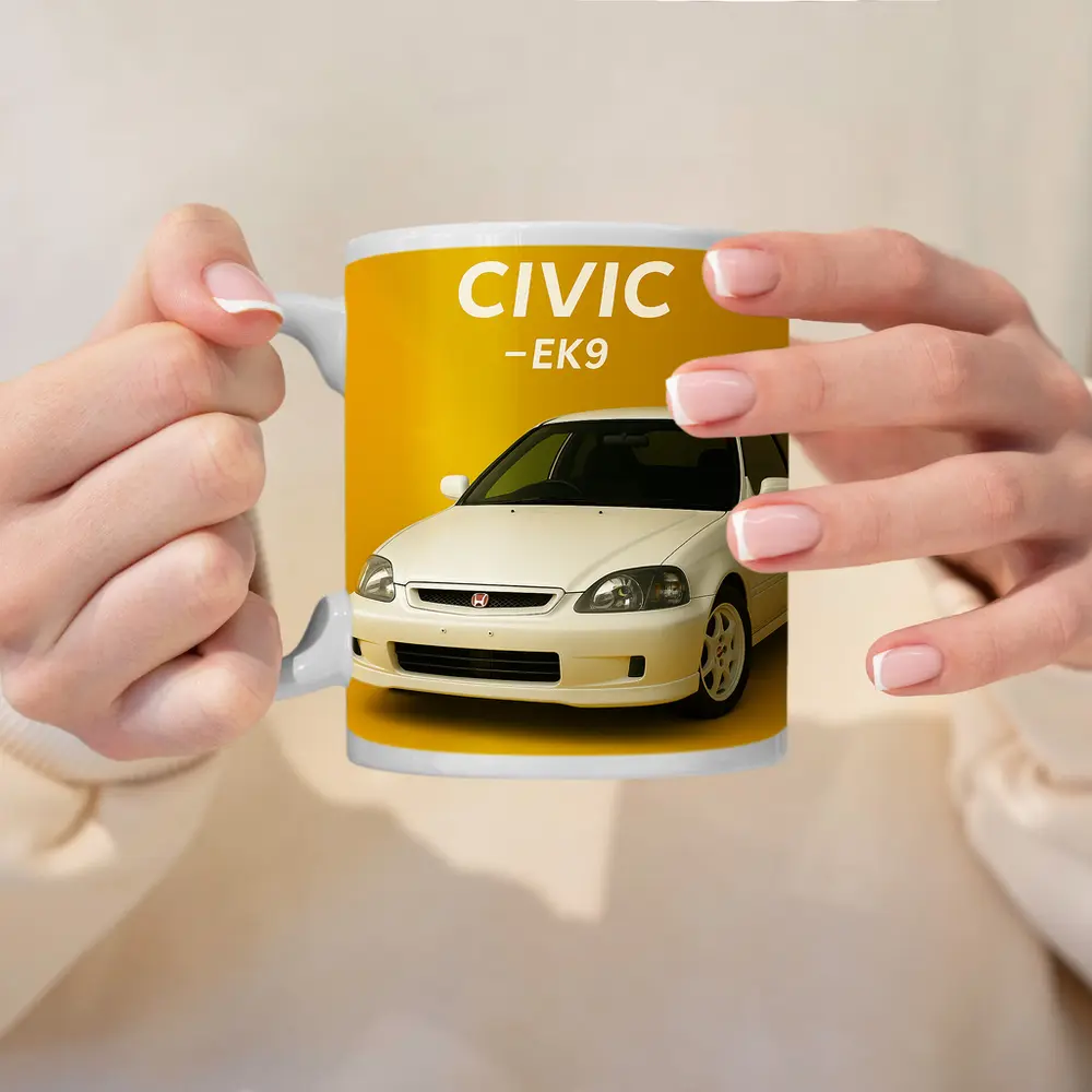Honda Civic EK9 White Car Yellow Background – Mugs