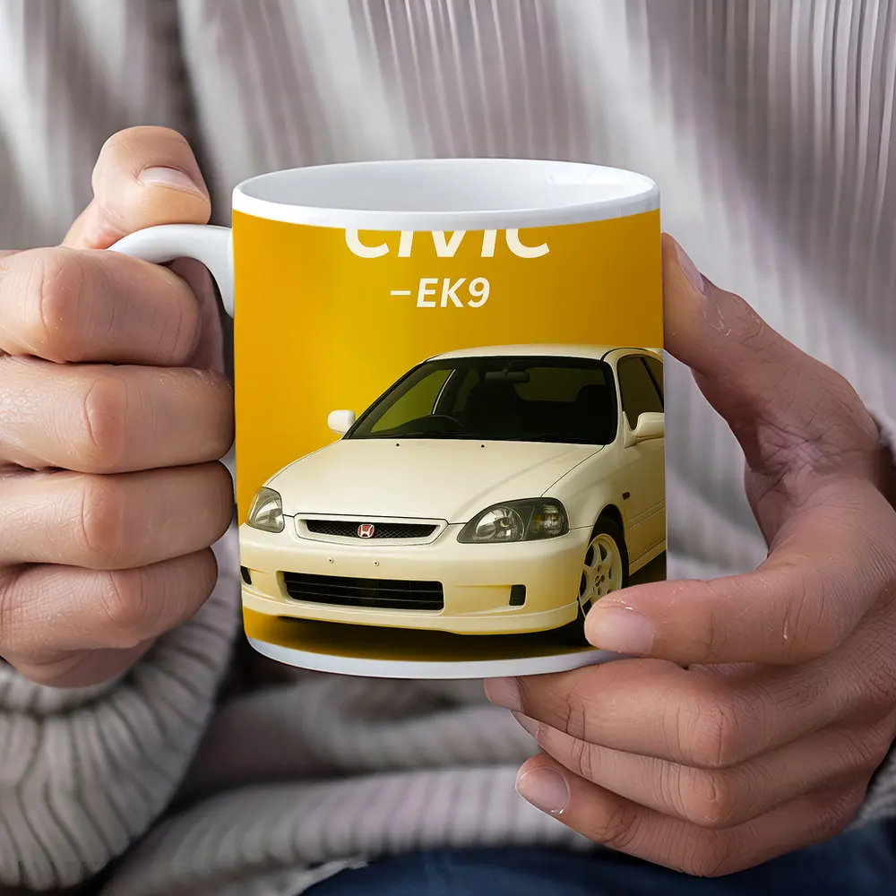 Honda Civic EK9 White Car Yellow Background – Mugs