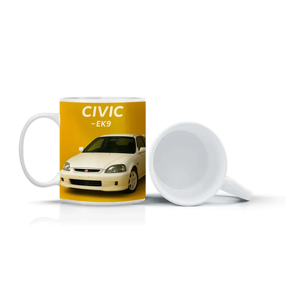 Honda Civic EK9 White Car Yellow Background – Mugs