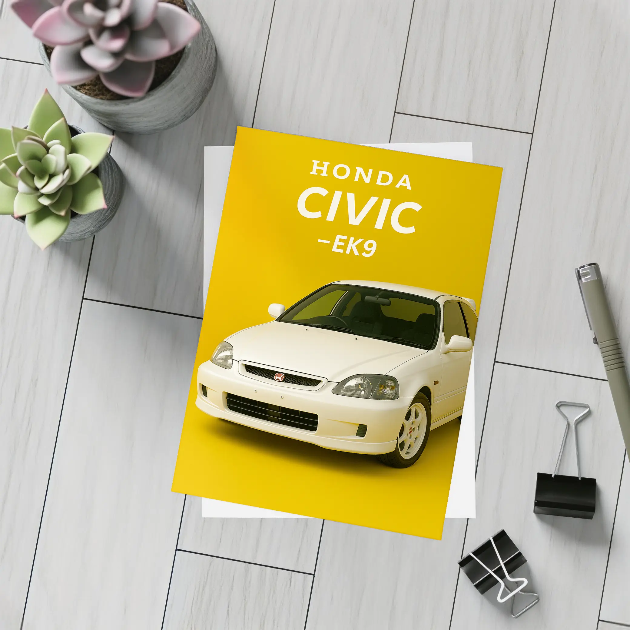 Honda Civic EK9 White Car Yellow Background – Postcards
