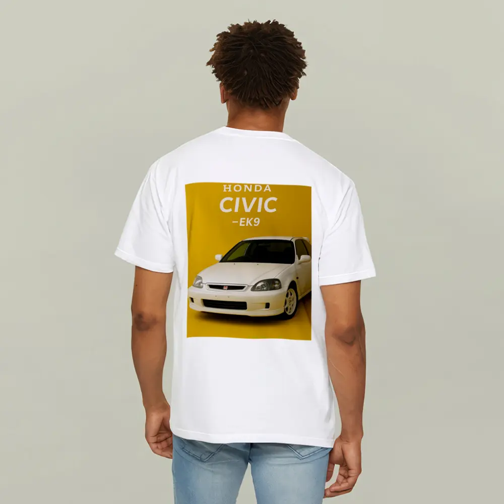 Honda Civic EK9 White Car Yellow Background – T-Shirts