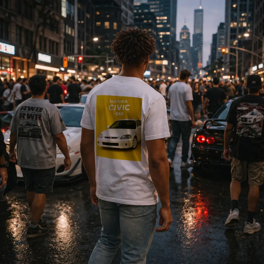 Honda Civic EK9 White Car Yellow Background – T-Shirts