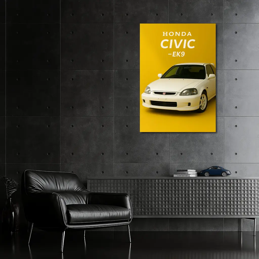 Honda Civic EK9 White Car Yellow Background – Wall Art