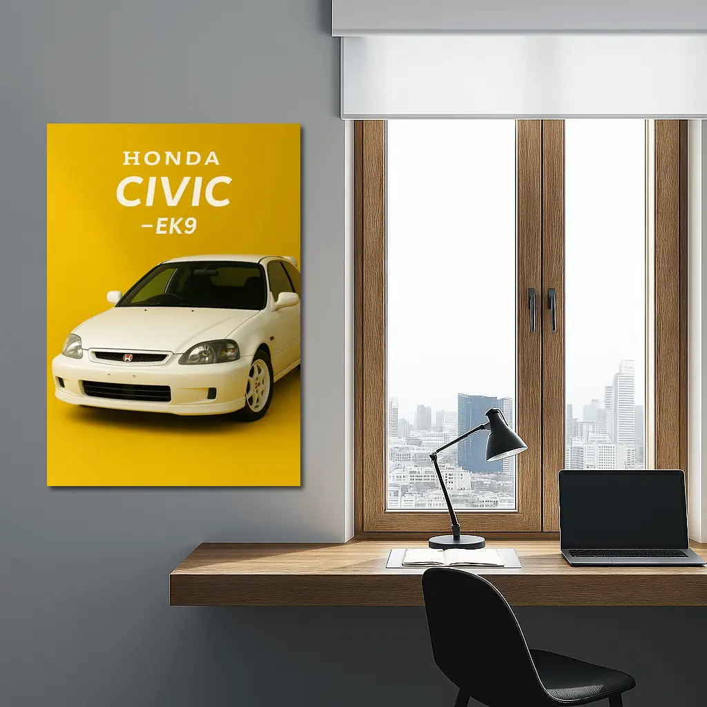 Honda Civic EK9 White Car Yellow Background – Wall Art