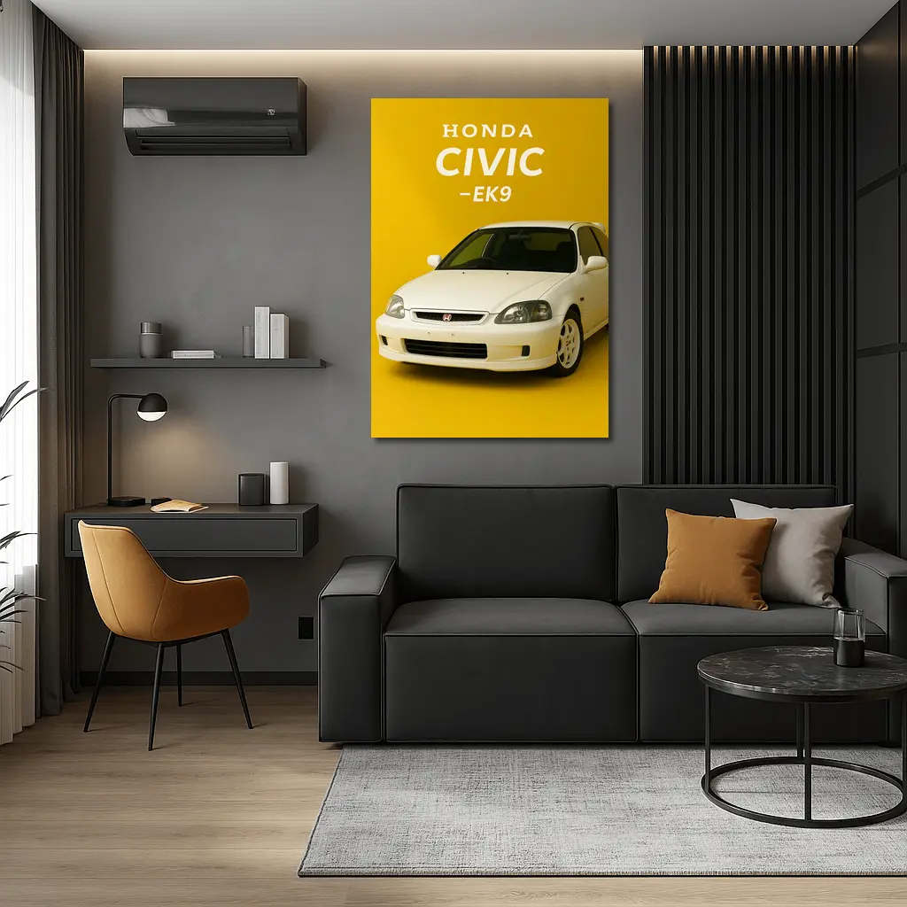 Honda Civic EK9 White Car Yellow Background – Wall Art