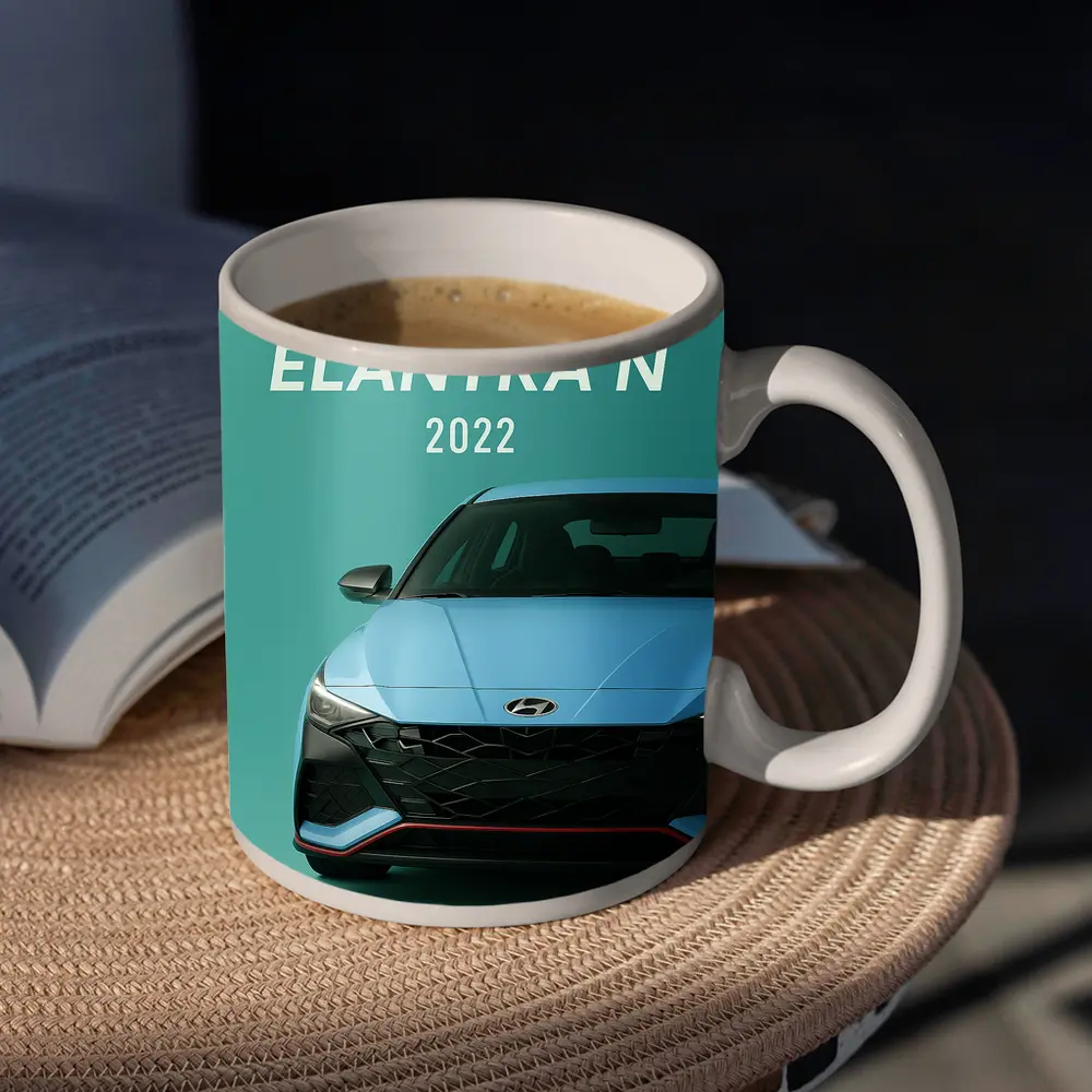 Hyundai Elantra N Front View Teal Background – Mugs