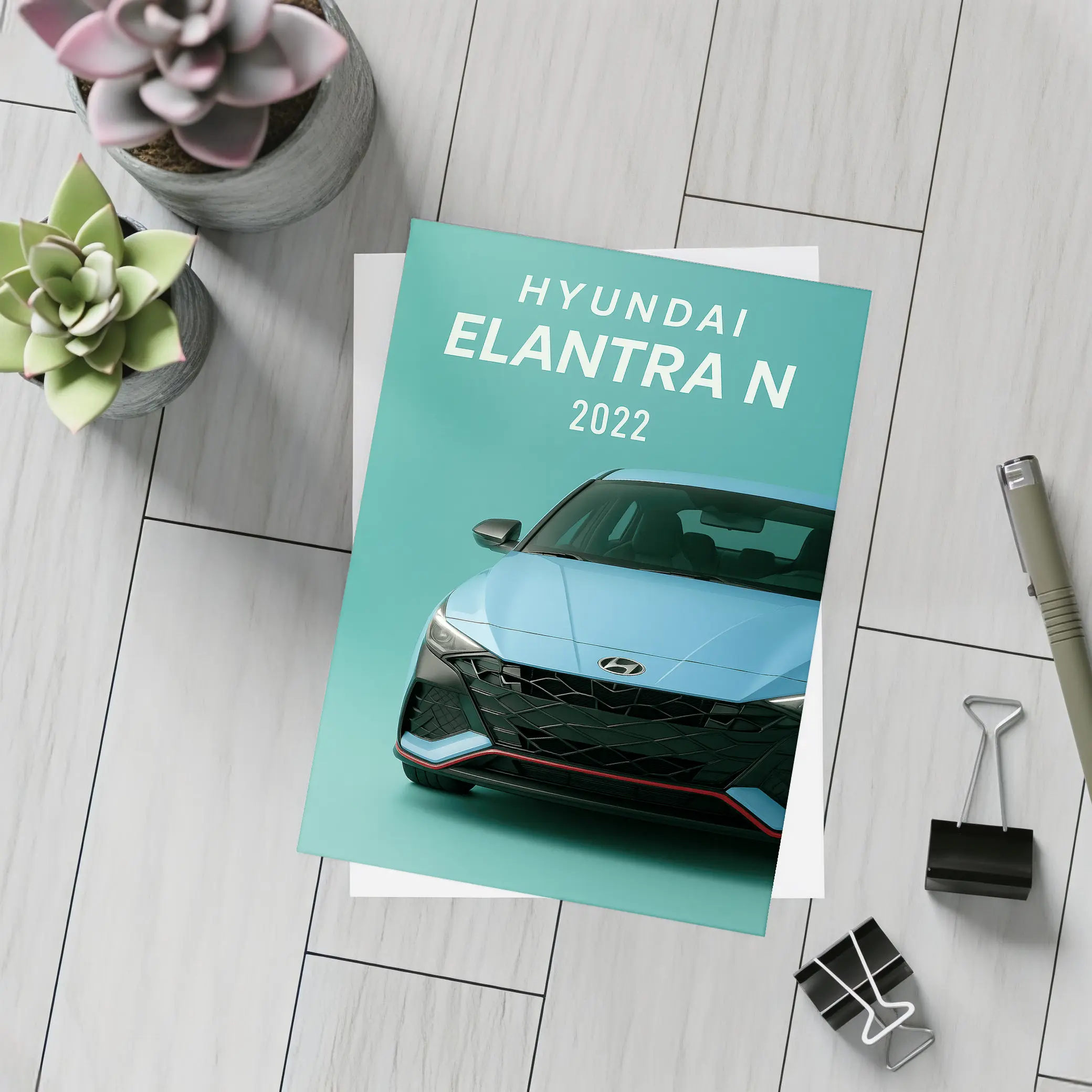 Hyundai Elantra N Front View Teal Background – Postcards