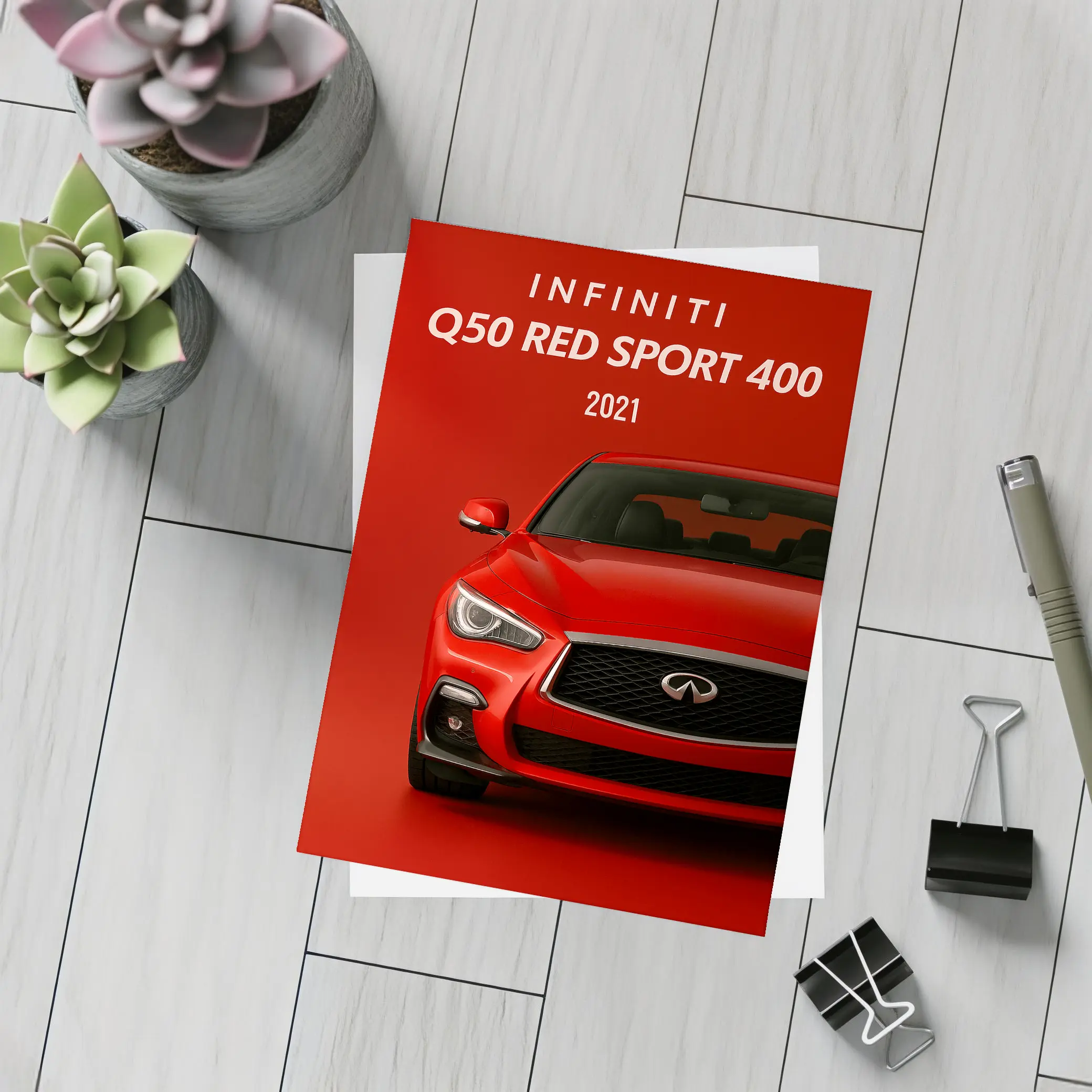 Infiniti Q50 Red Sport Front View – Postcards