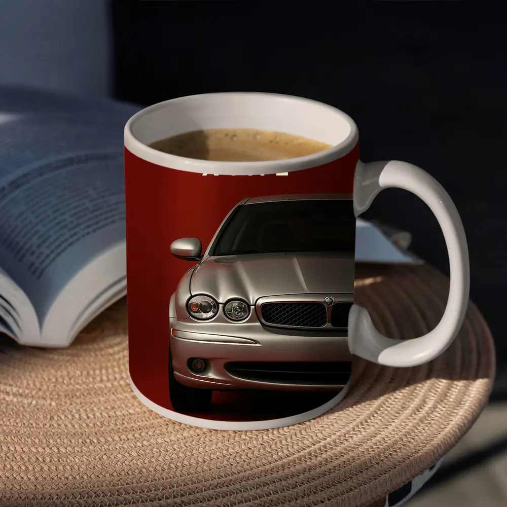 Jaguar X-Type Car on Dark Red Background – Mugs