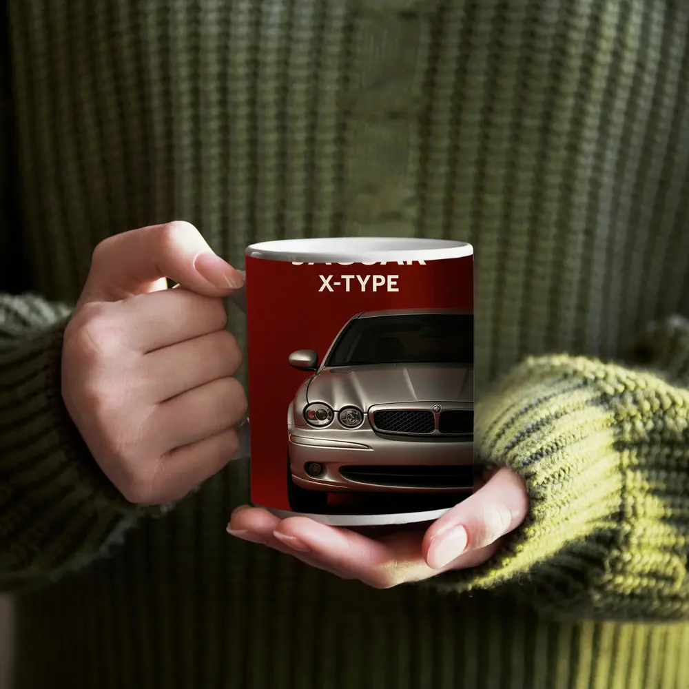 Jaguar X-Type Car on Dark Red Background – Mugs