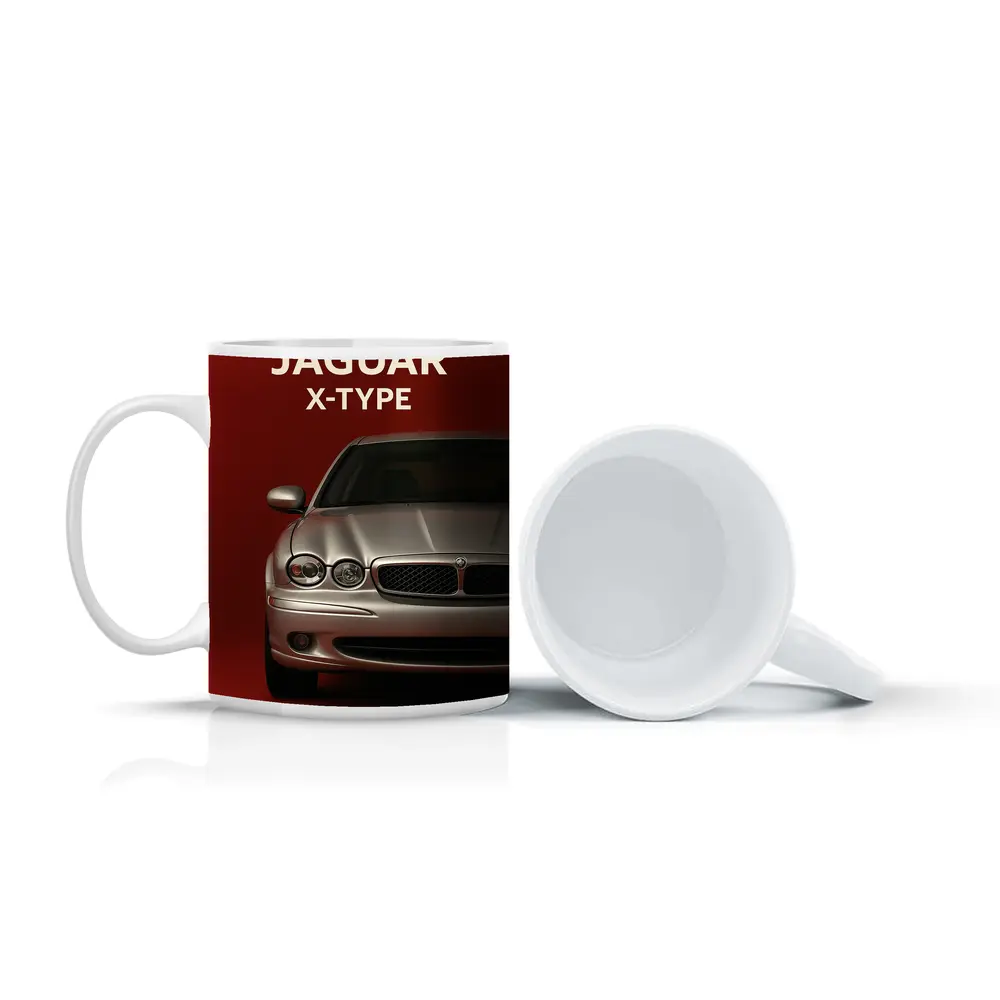 Jaguar X-Type Car on Dark Red Background – Mugs