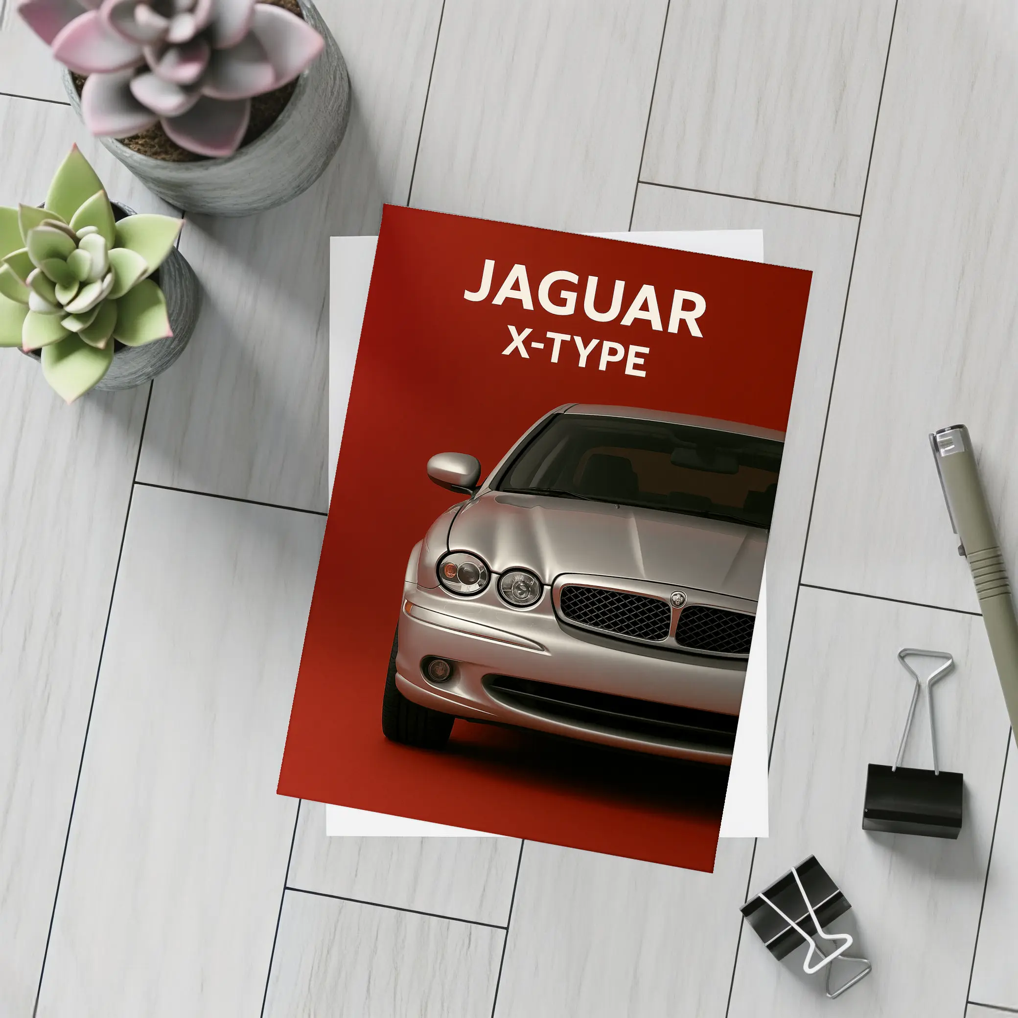 Jaguar X-Type Car on Dark Red Background – Postcards