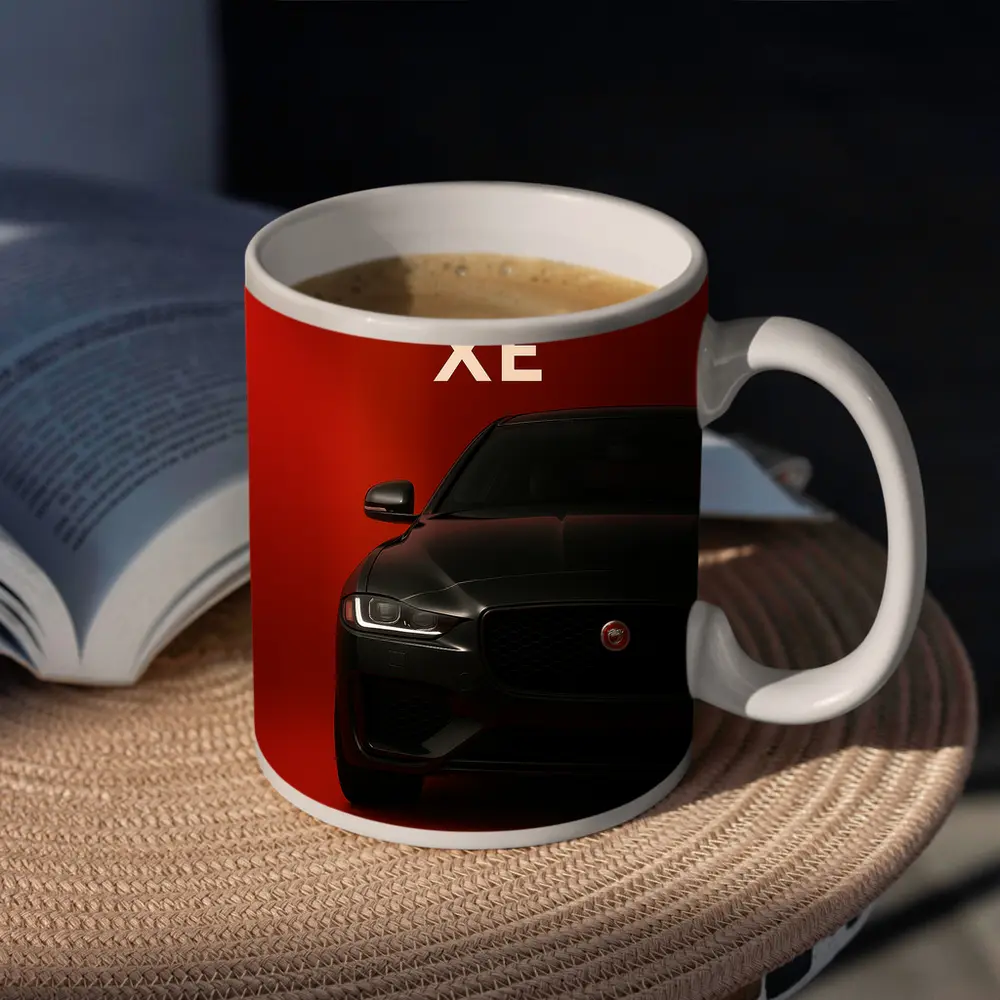 Jaguar XE Dark Car on Red Background – Mugs