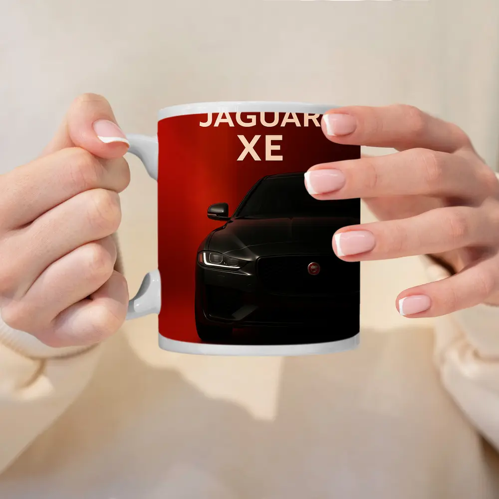 Jaguar XE Dark Car on Red Background – Mugs