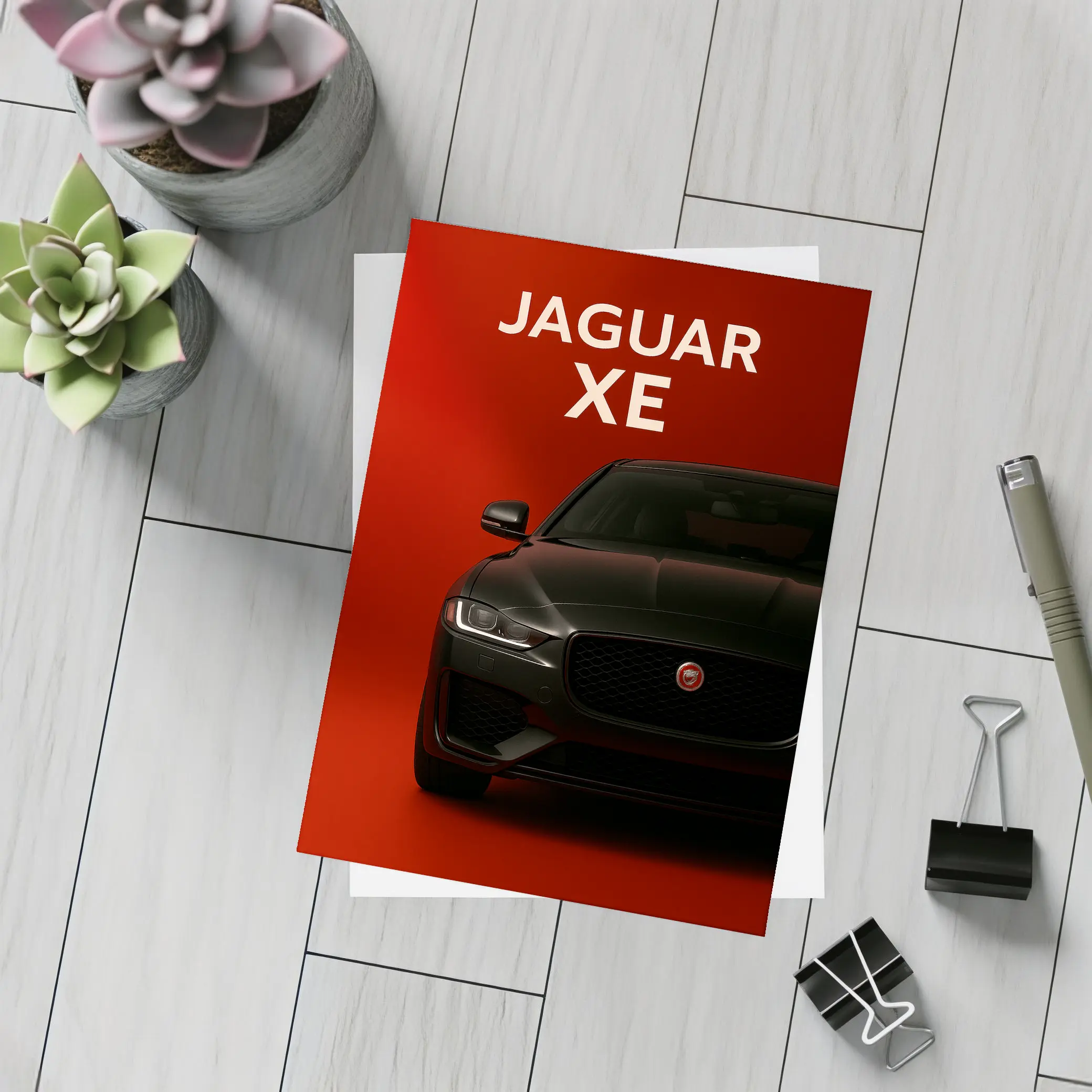 Jaguar XE Dark Car on Red Background – Postcards