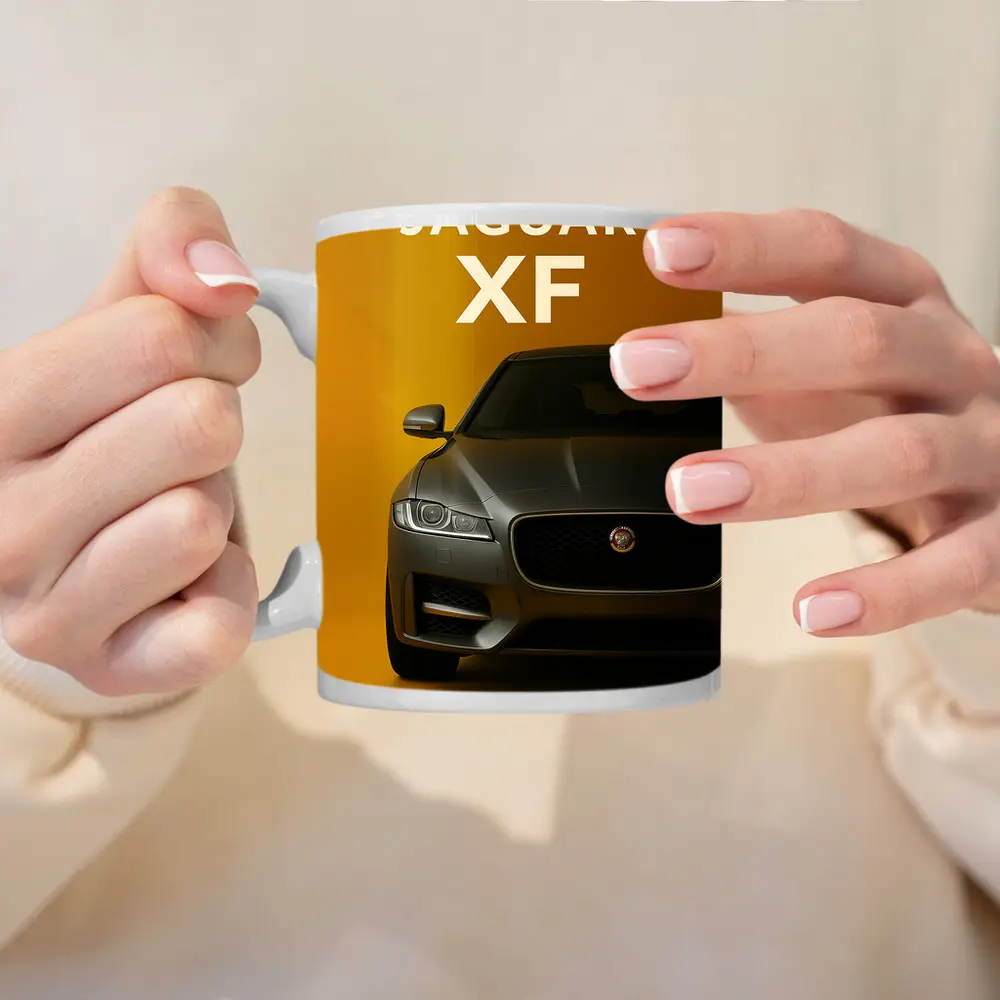 Jaguar XF Sedan Front View Yellow Background – Mugs