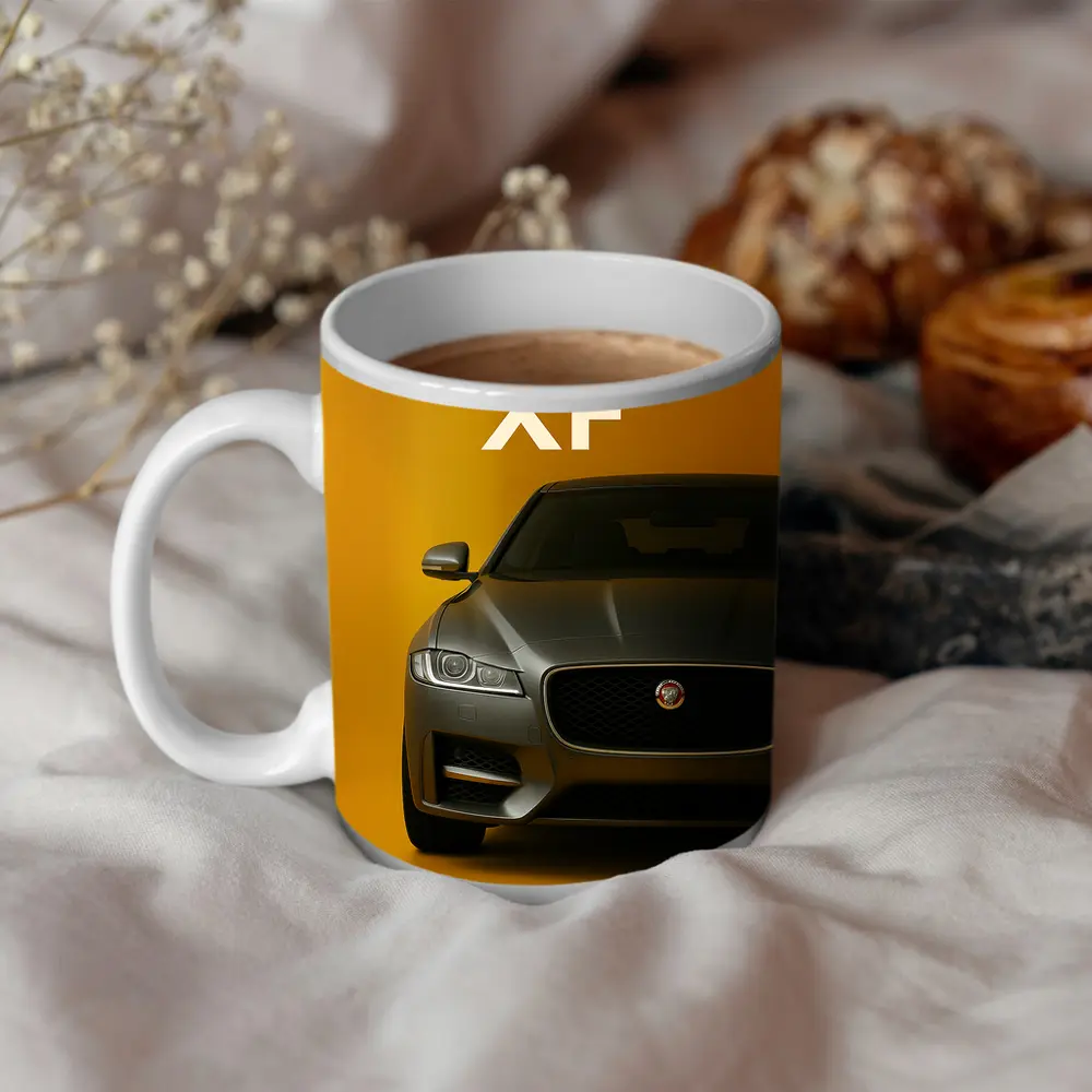 Jaguar XF Sedan Front View Yellow Background – Mugs