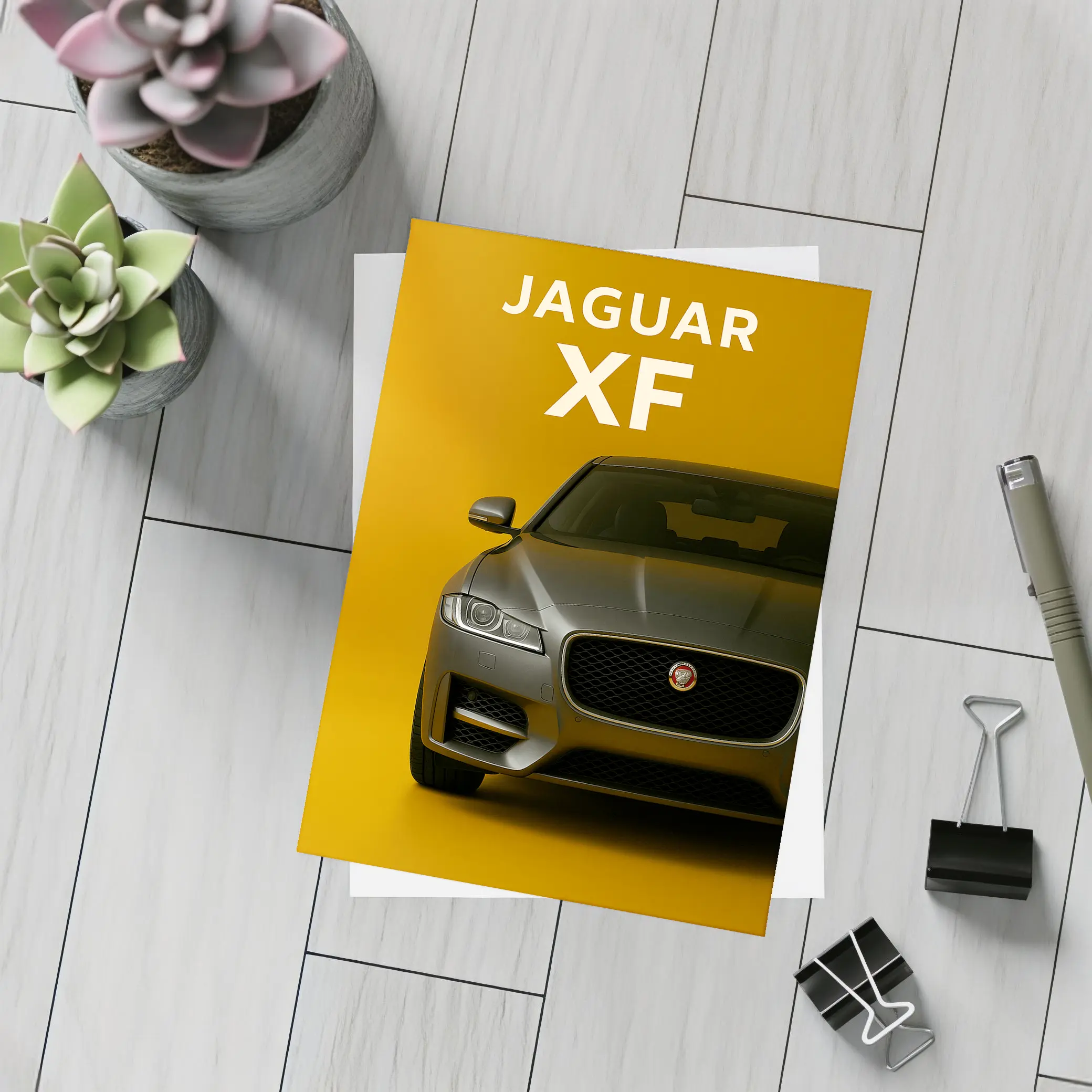 Jaguar XF Sedan Front View Yellow Background – Postcards