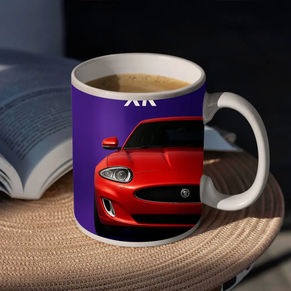 Jaguar XK Red Car Purple Background – Mugs