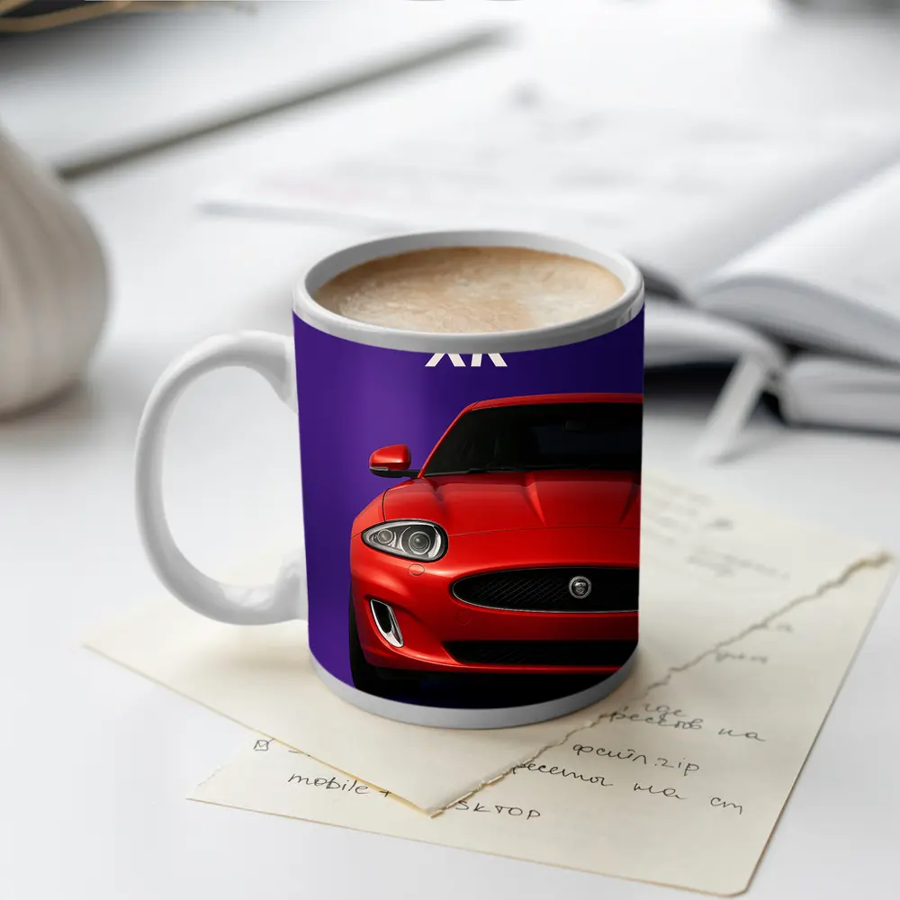 Jaguar XK Red Car Purple Background – Mugs