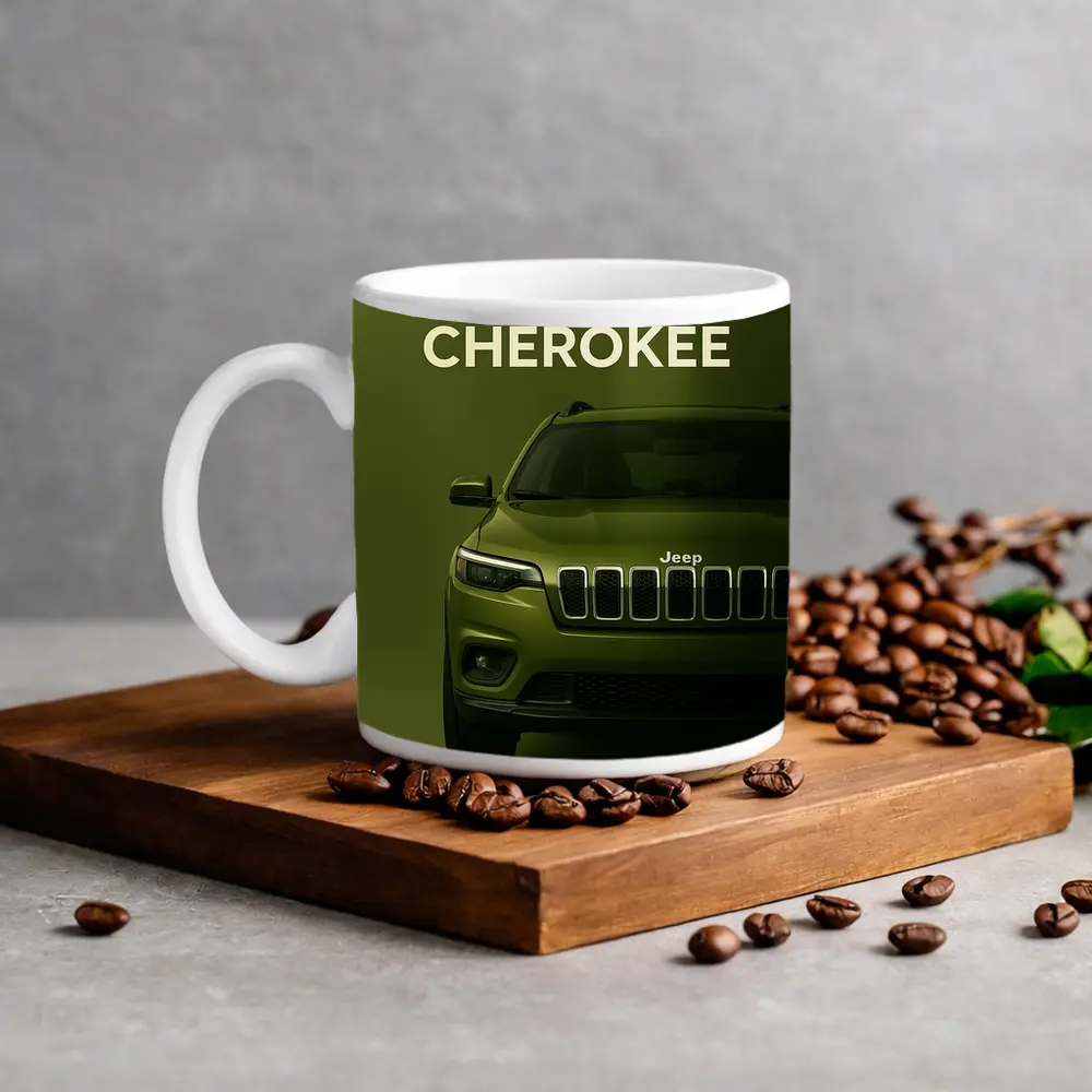 Jeep Cherokee SUV Olive Green Background – Mugs