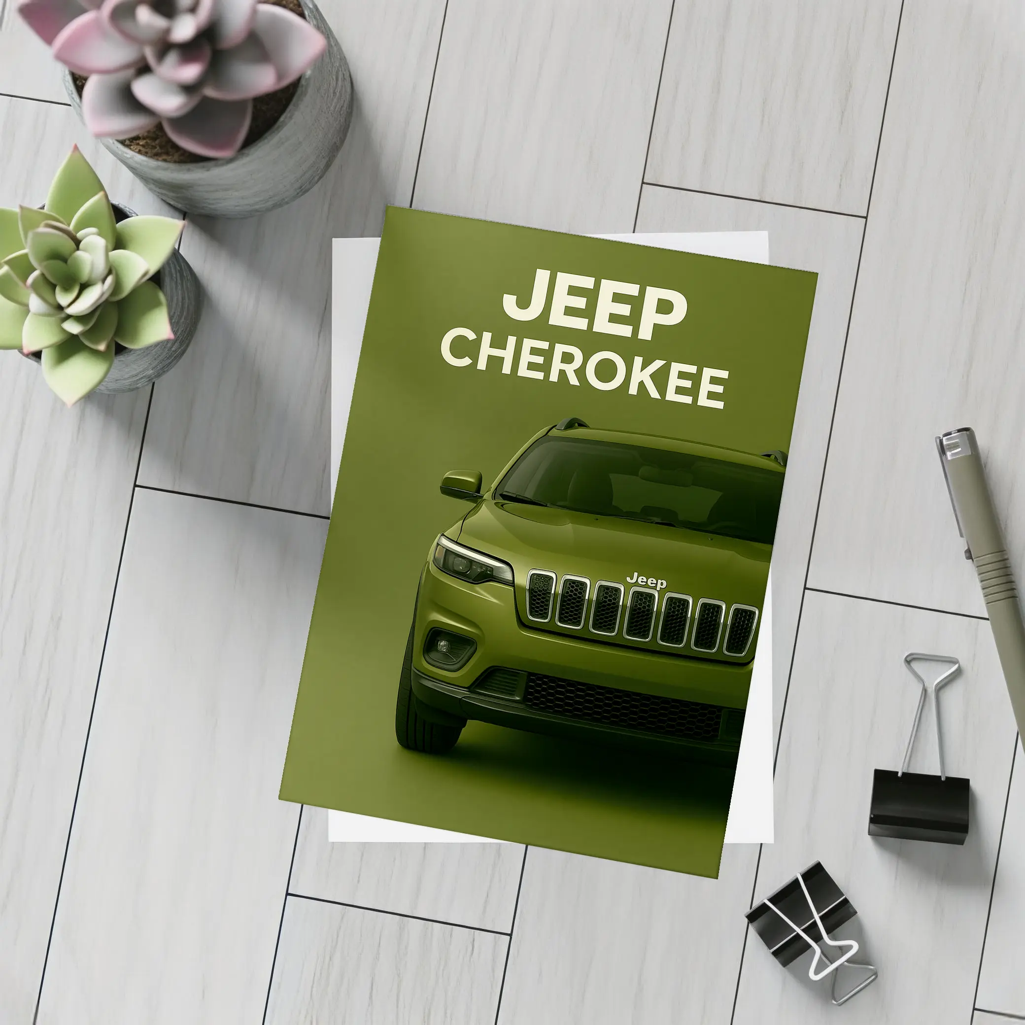 Jeep Cherokee SUV Olive Green Background – Postcards
