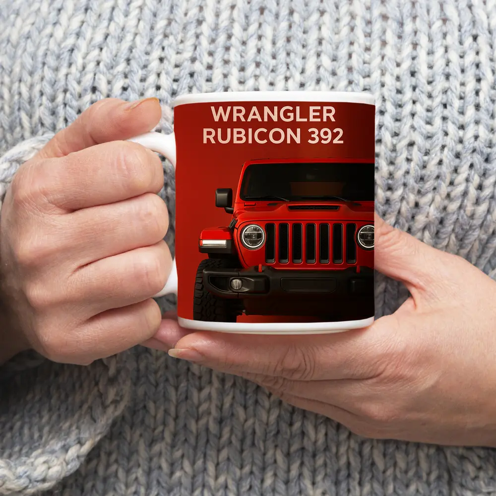 Jeep Wrangler Rubicon Front View Red Background – Mugs