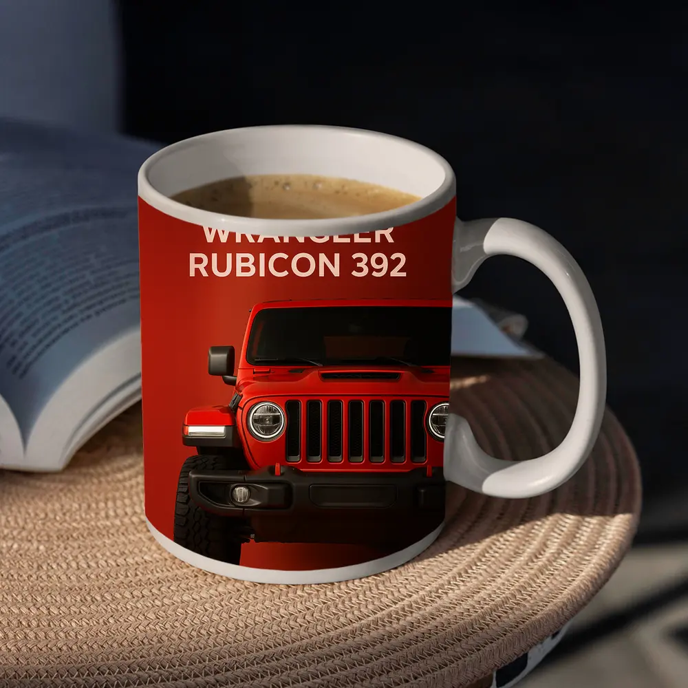 Jeep Wrangler Rubicon Front View Red Background – Mugs
