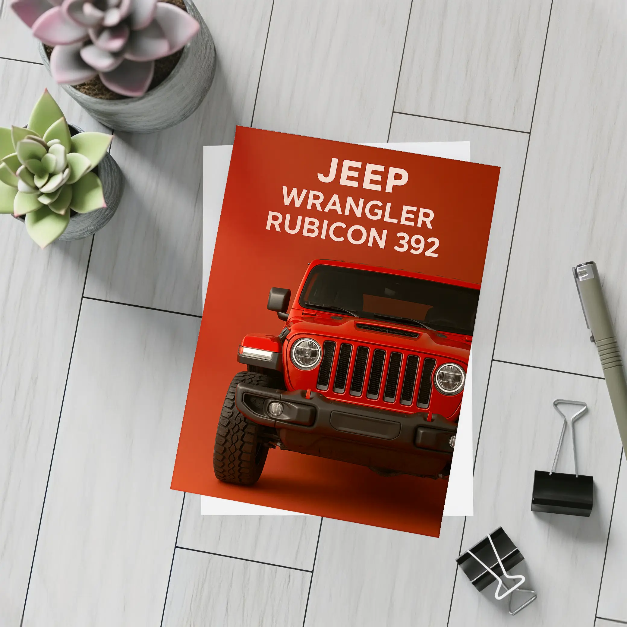 Jeep Wrangler Rubicon Front View Red Background – Postcards