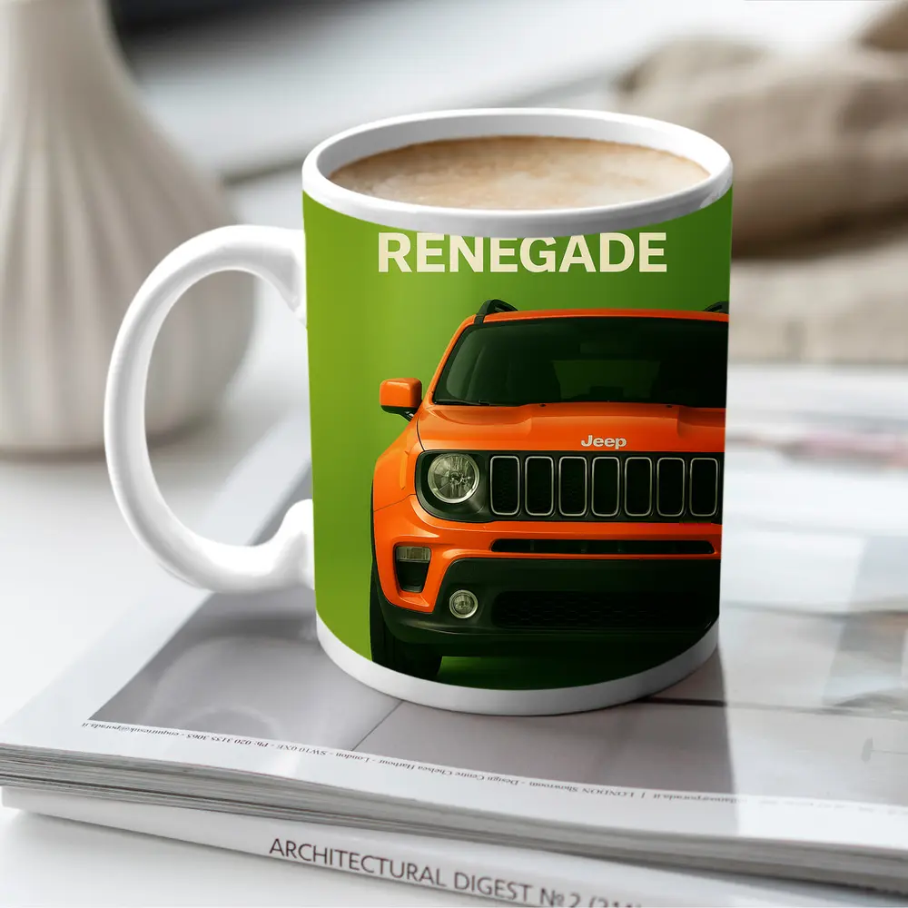 Jeep Renegade Orange Front View Green Background – Mugs