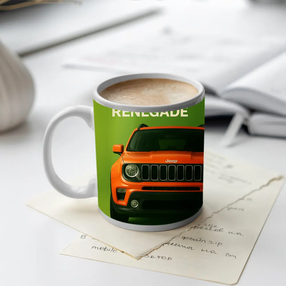 Jeep Renegade Orange Front View Green Background – Mugs