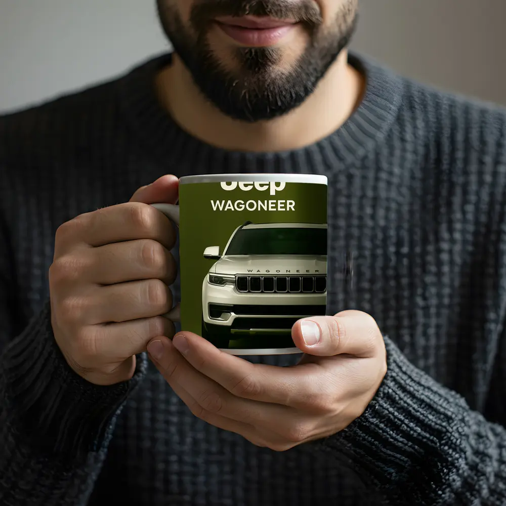 Jeep Wagoneer SUV on Olive Green Background – Mugs