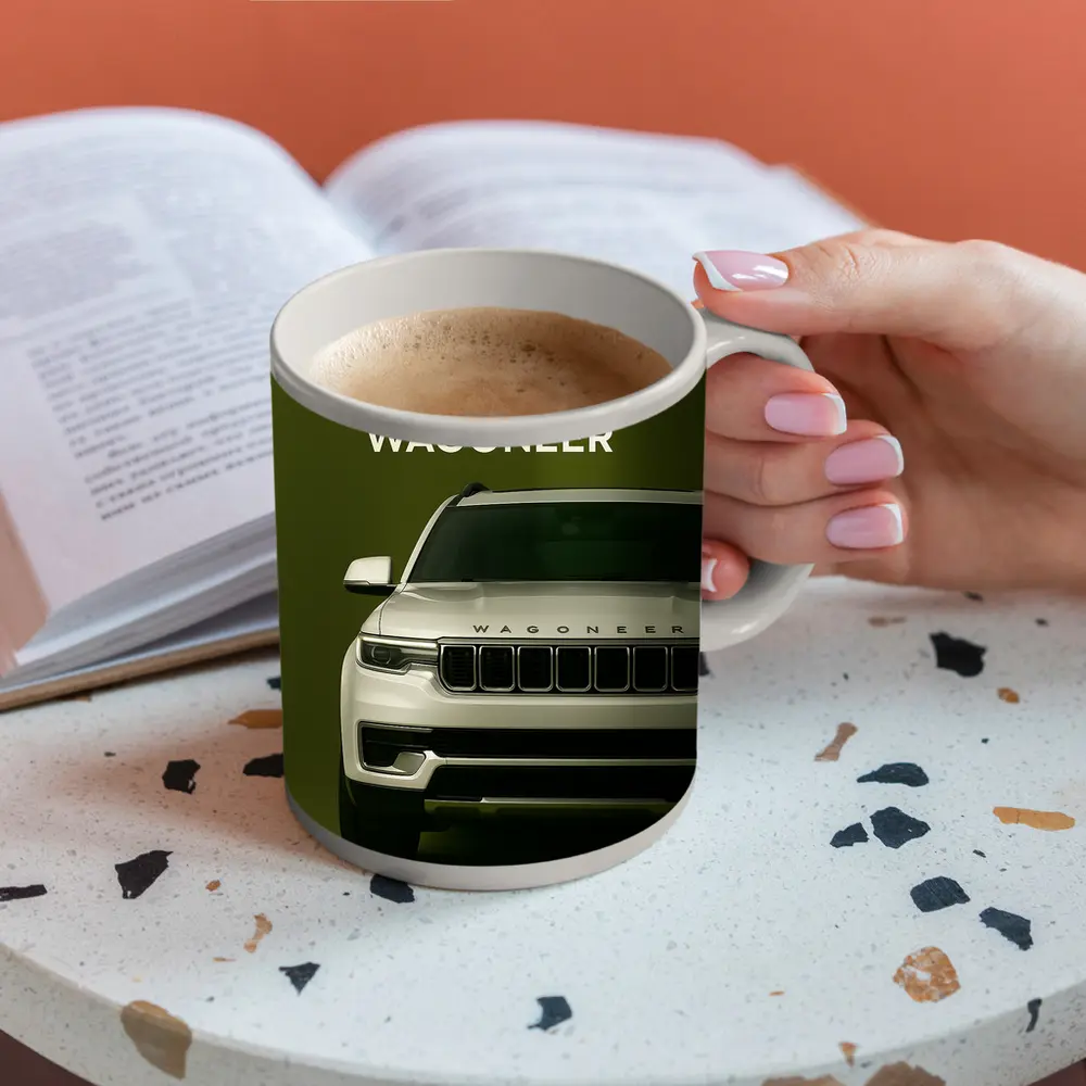 Jeep Wagoneer SUV on Olive Green Background – Mugs