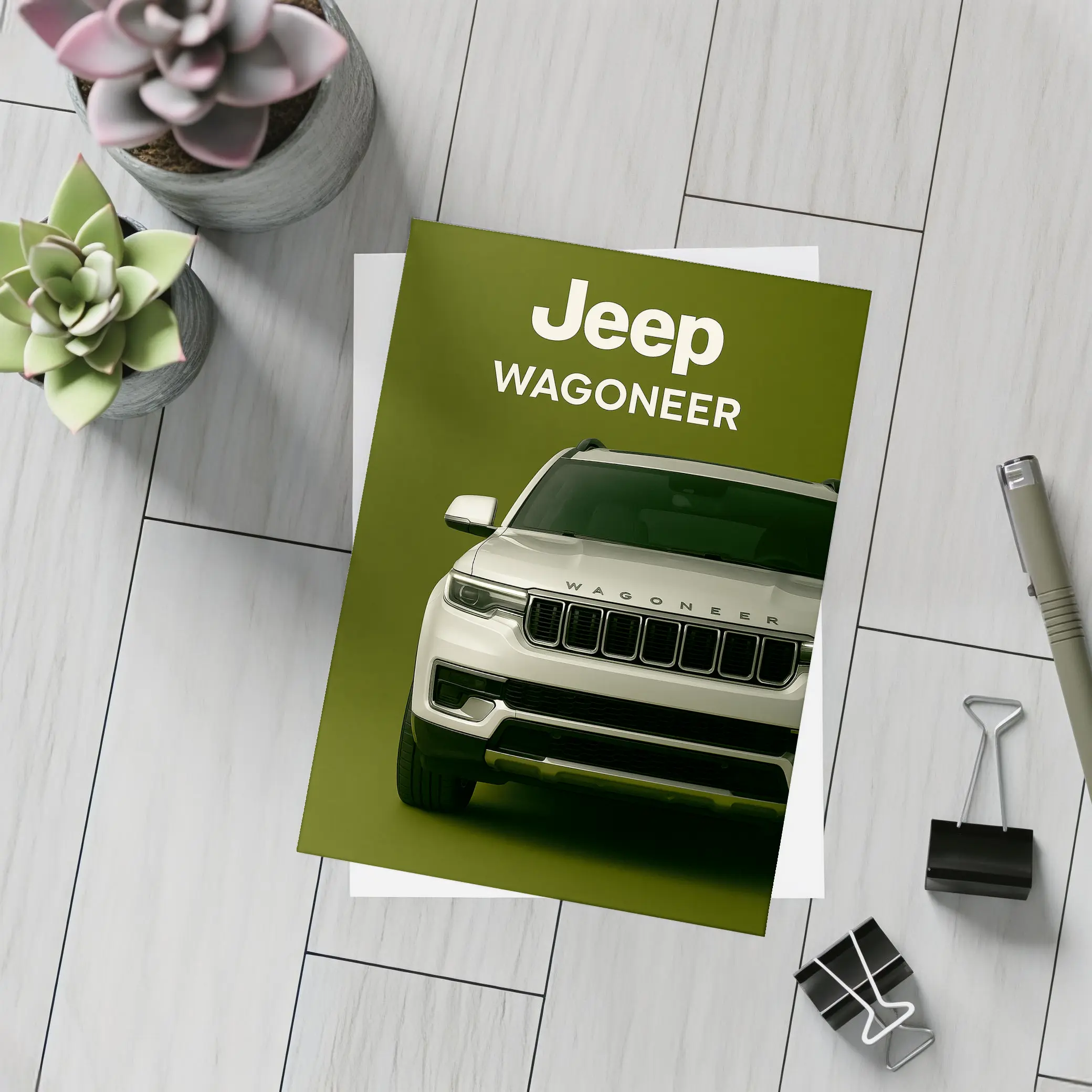 Jeep Wagoneer SUV on Olive Green Background – Postcards
