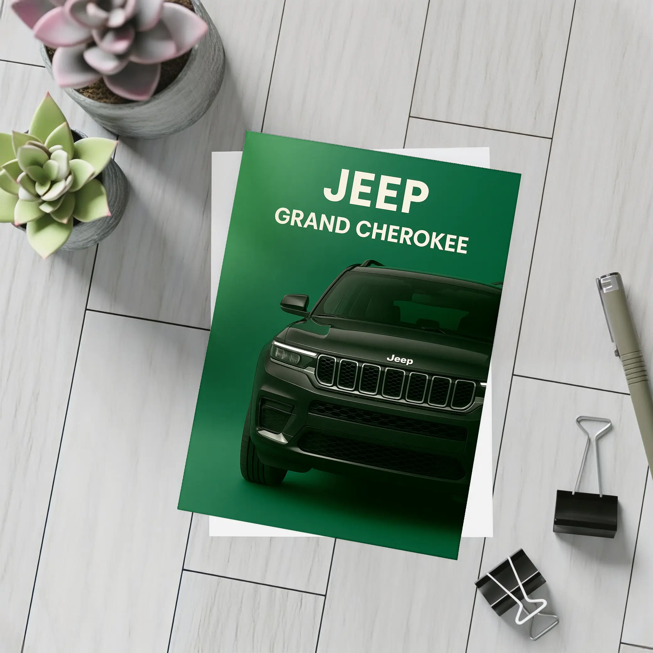 Jeep Grand Cherokee Dark Green Front View – Postcards