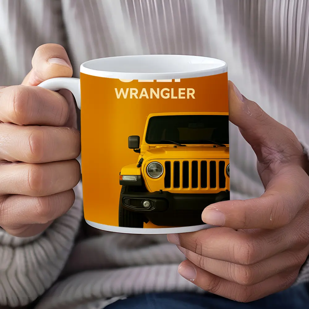 Jeep Wrangler Yellow Front View Orange Background – Mugs