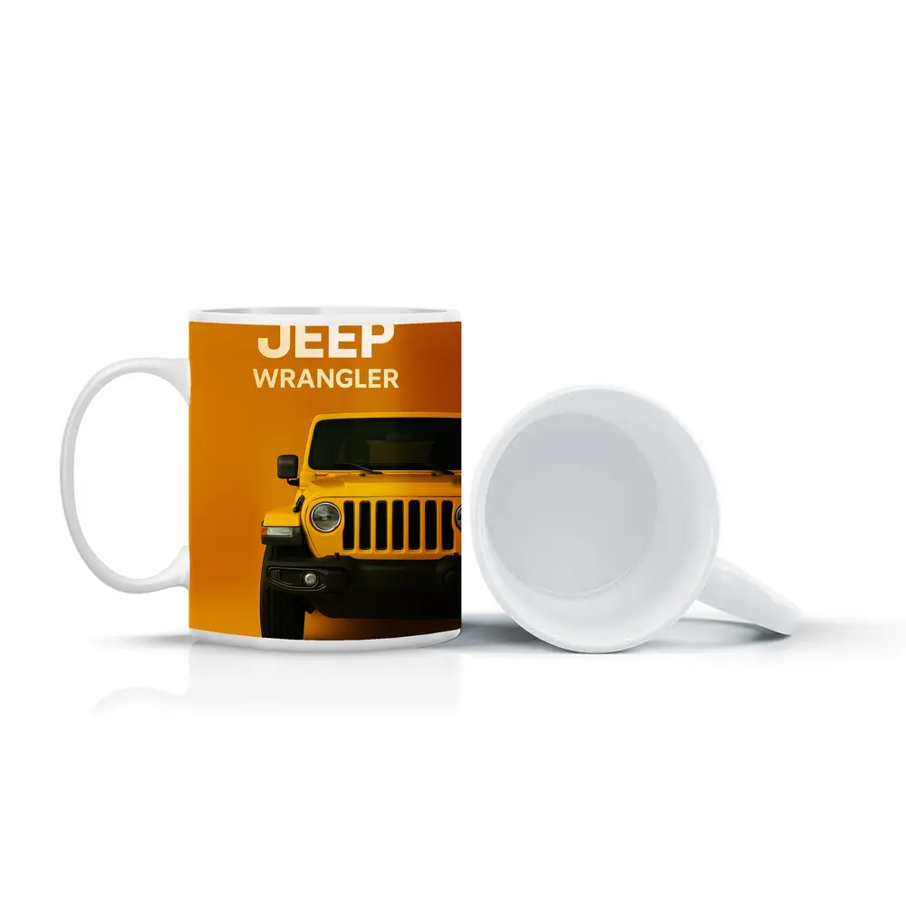Jeep Wrangler Yellow Front View Orange Background – Mugs
