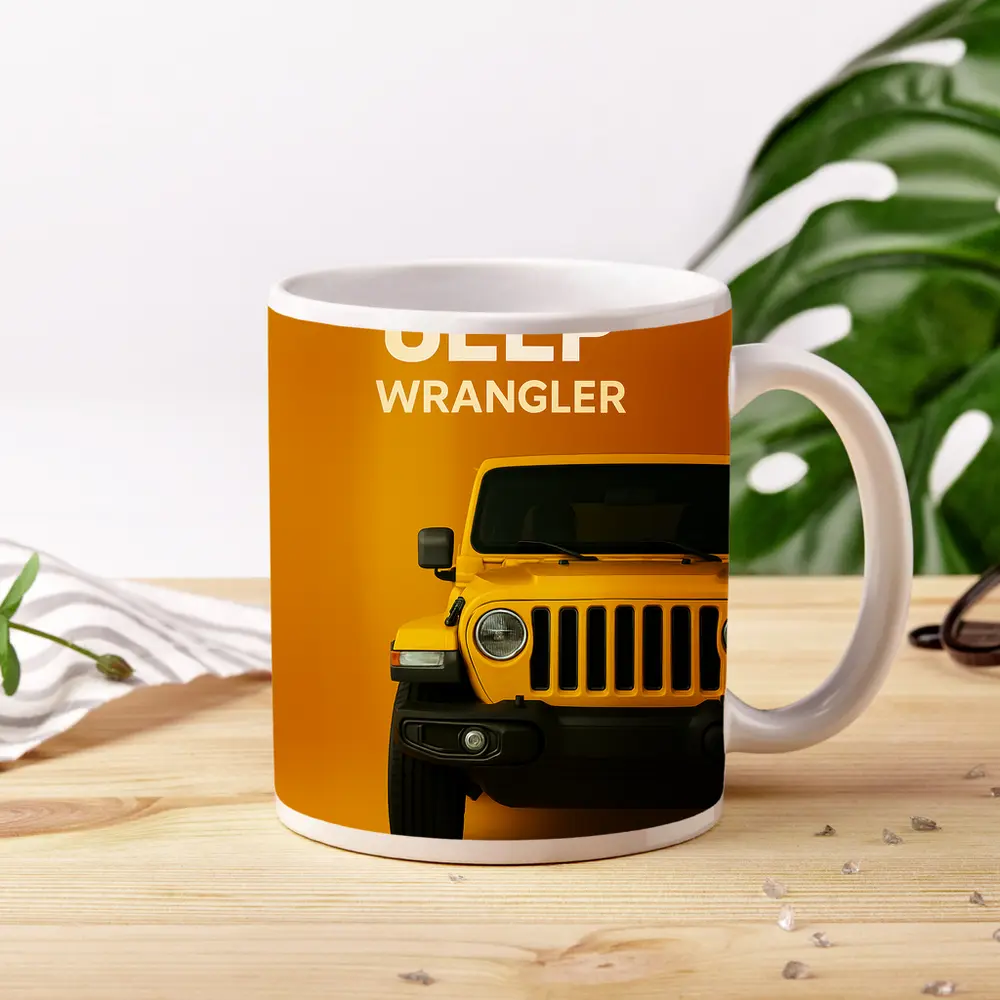 Jeep Wrangler Yellow Front View Orange Background – Mugs