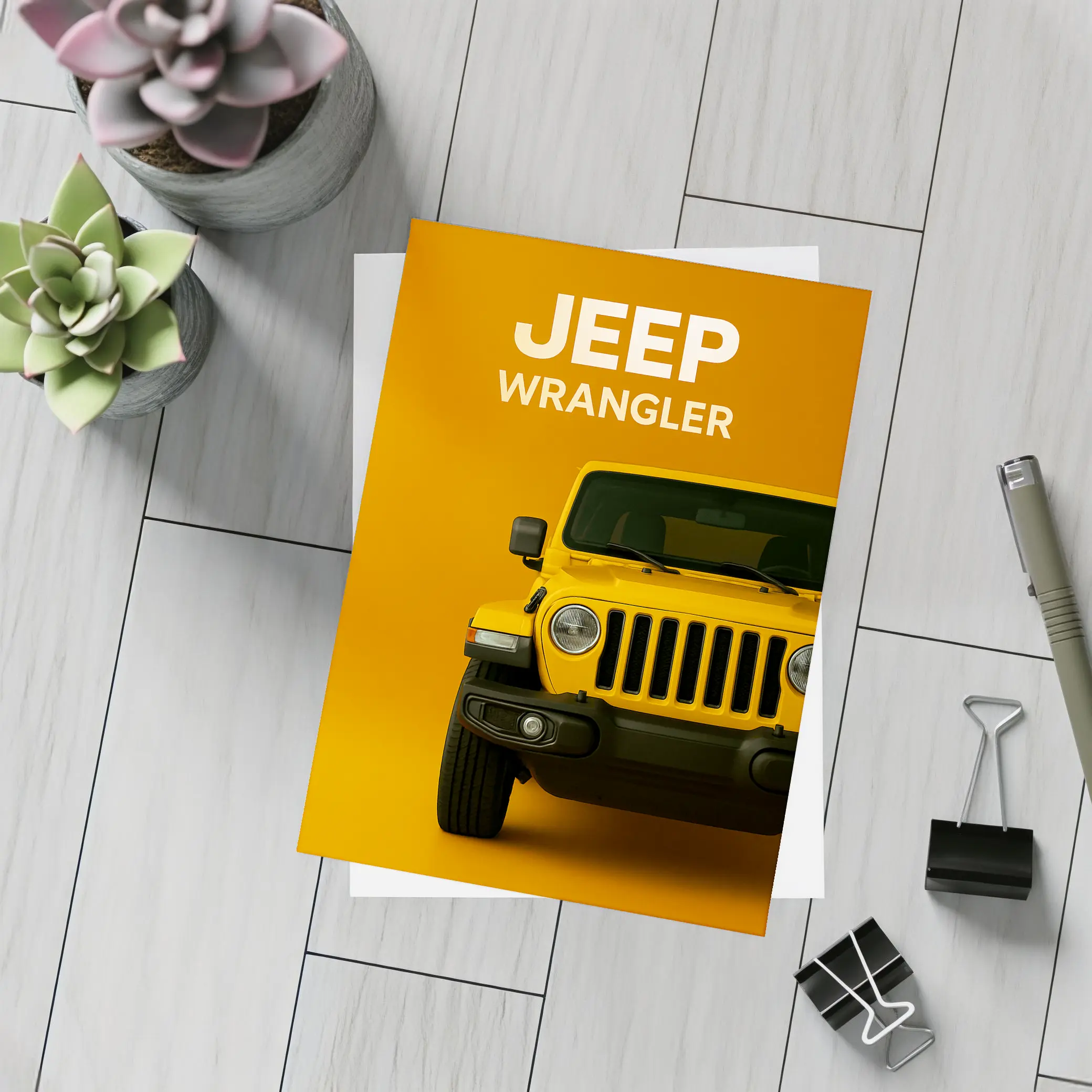 Jeep Wrangler Yellow Front View Orange Background – Postcards