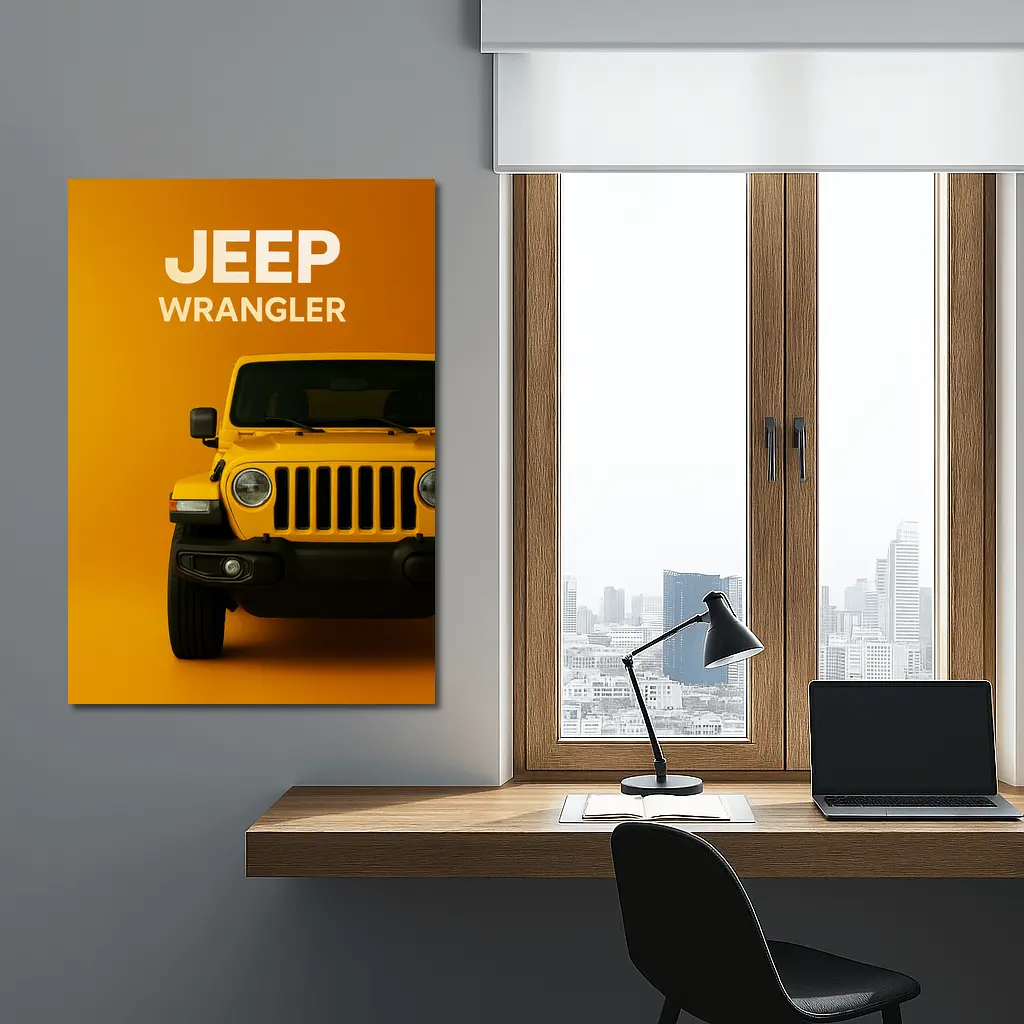 Jeep Wrangler Yellow Front View Orange Background – Wall Art