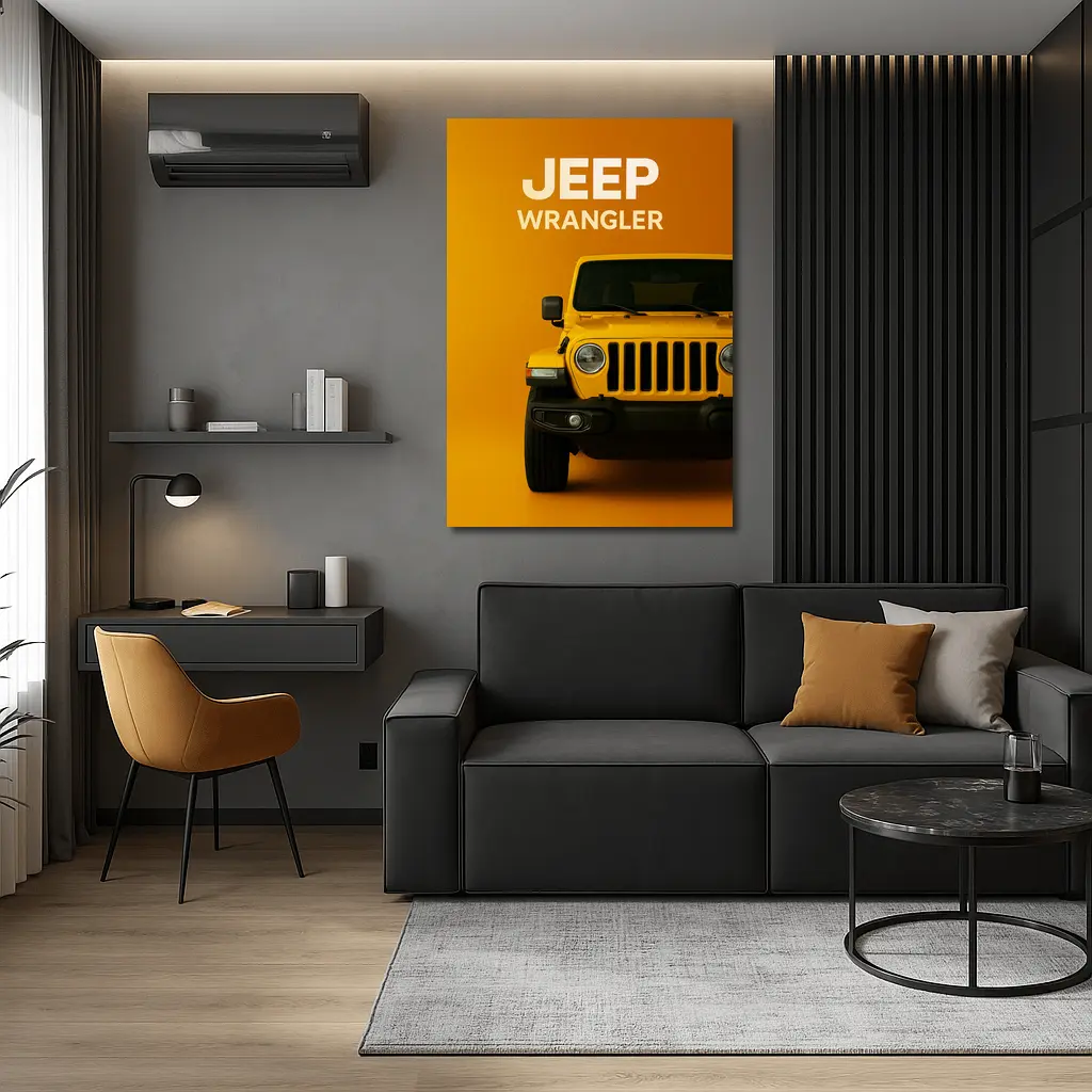 Jeep Wrangler Yellow Front View Orange Background – Wall Art