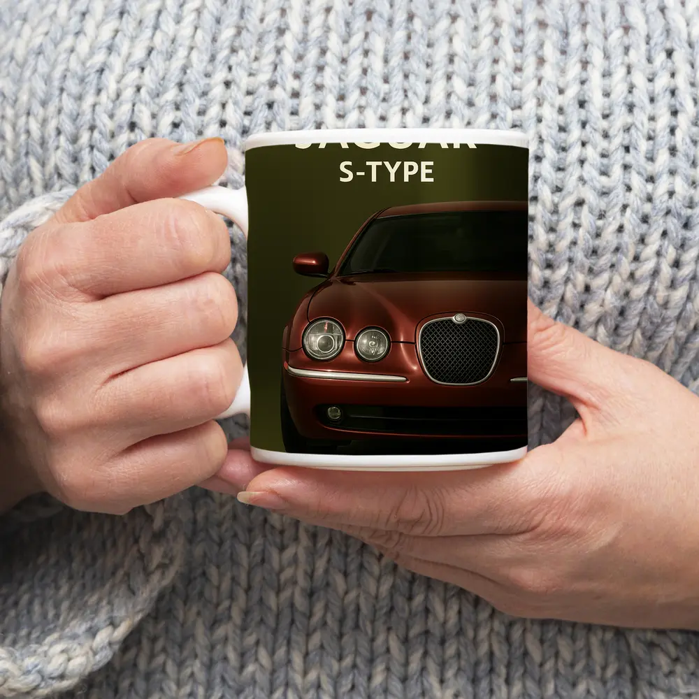 Jaguar S-Type Red Car Green Background – Mugs