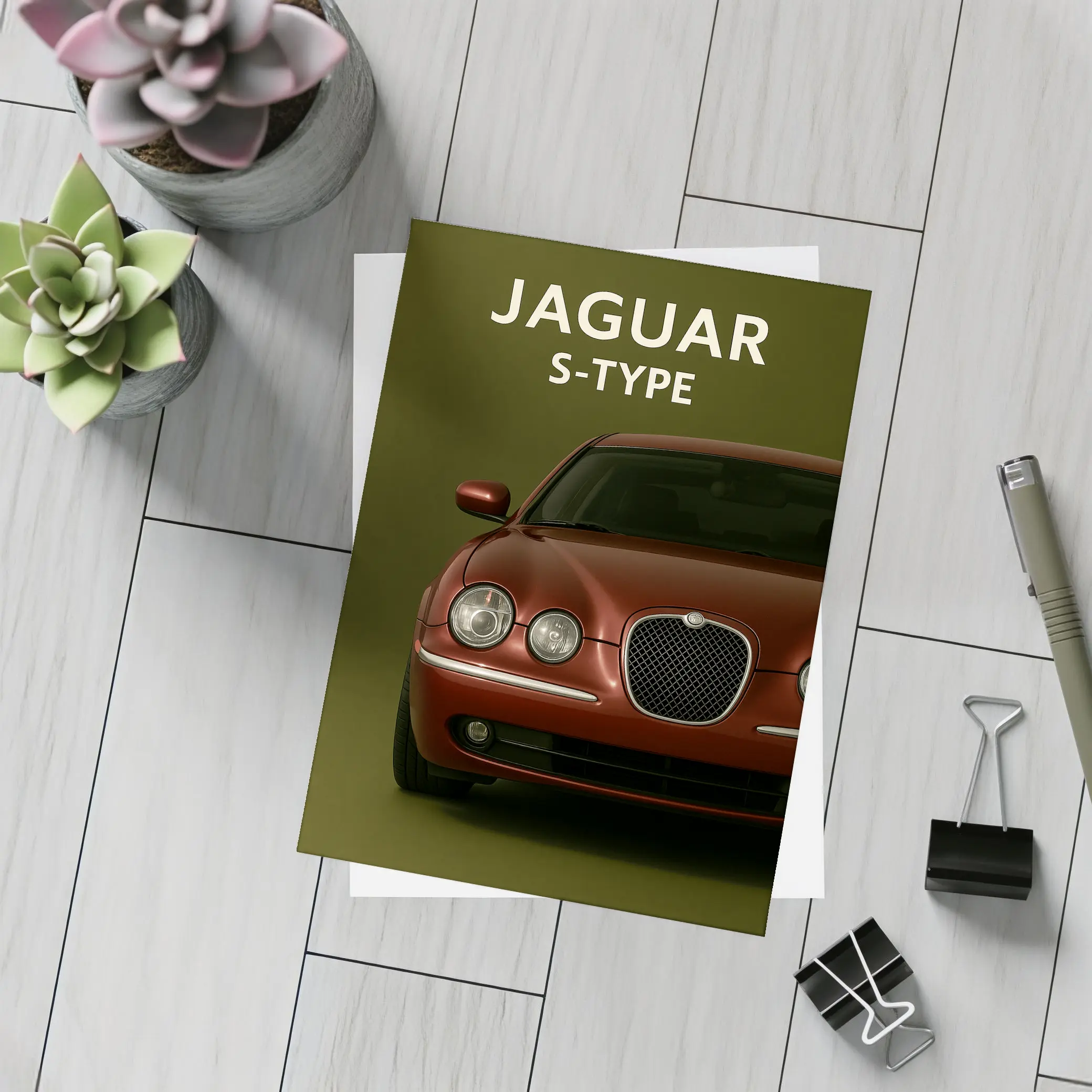 Jaguar S-Type Red Car Green Background – Postcards