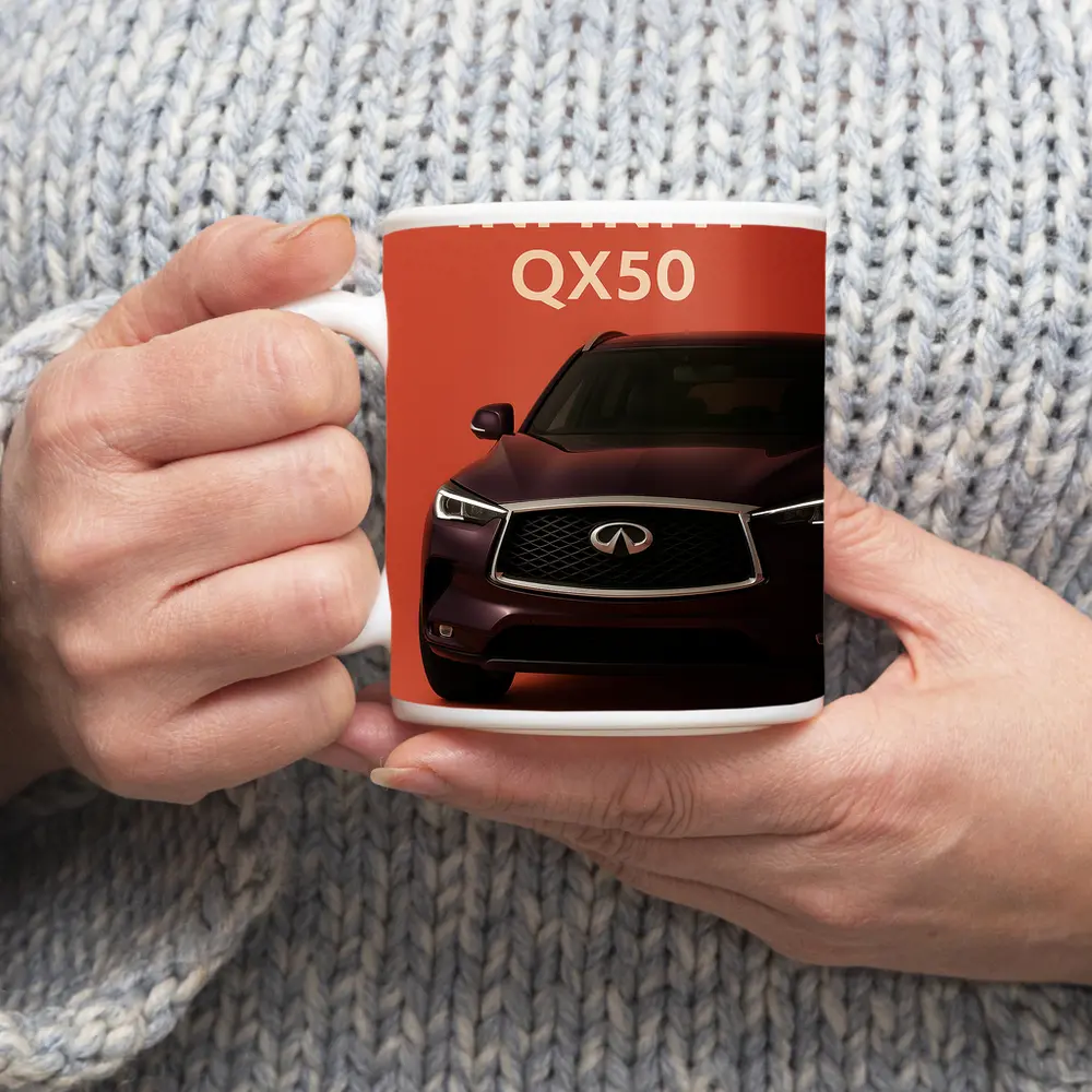 Infiniti QX50 SUV on Red Background – Mugs
