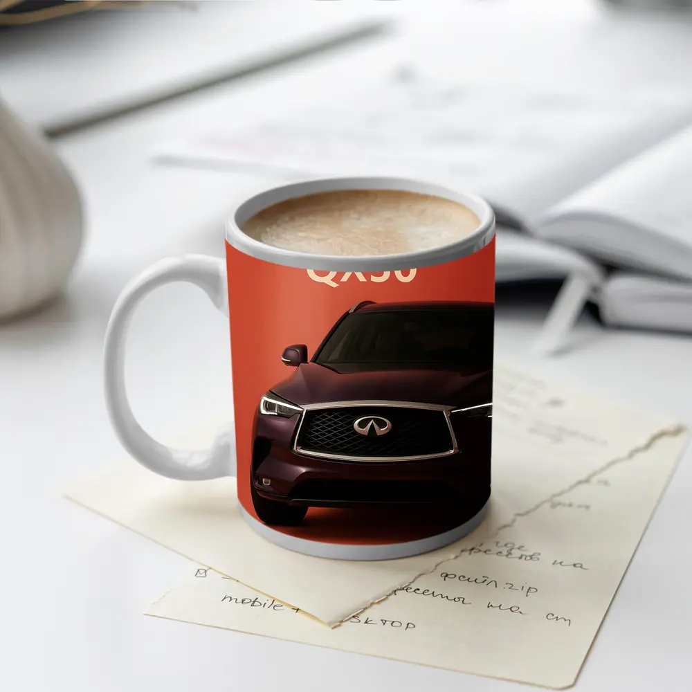 Infiniti QX50 SUV on Red Background – Mugs