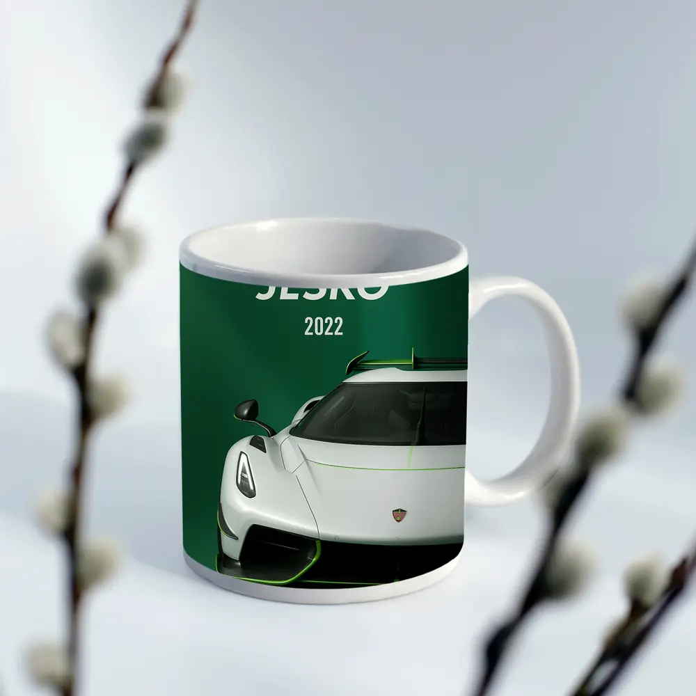 Koenigsegg Jesko White Supercar Green Background – Mugs