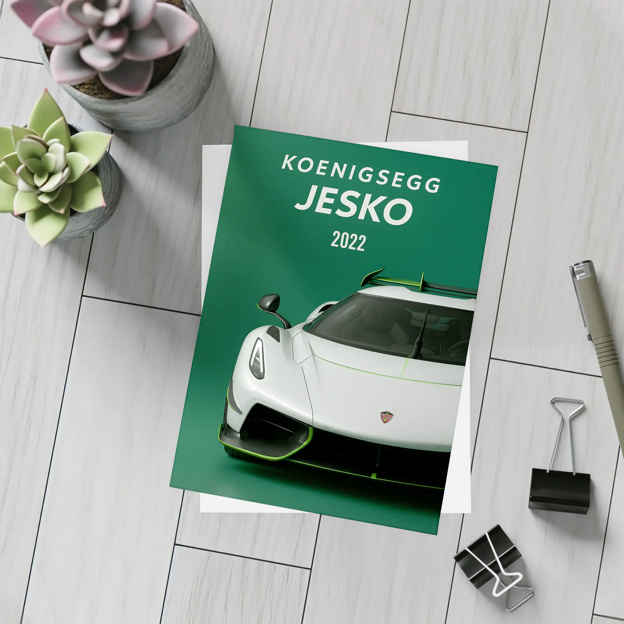 Koenigsegg Jesko White Supercar Green Background – Postcards