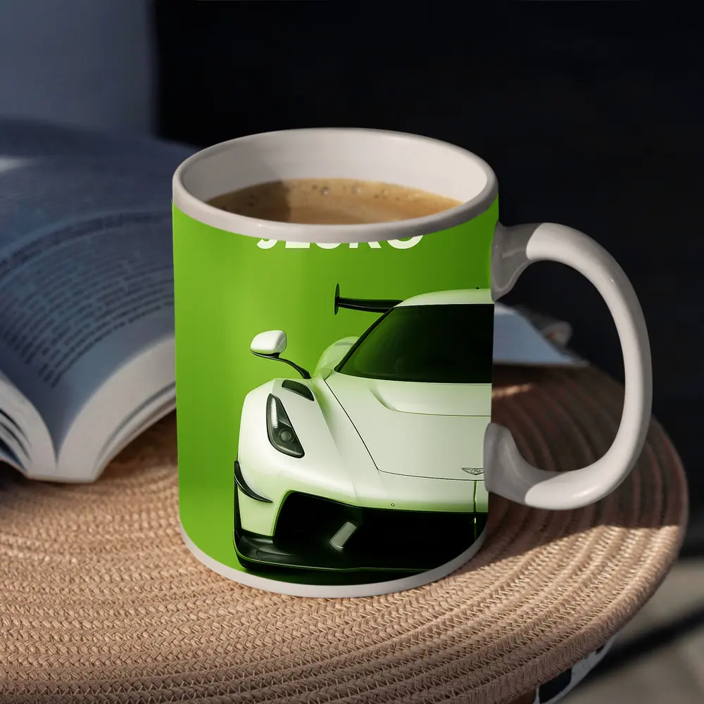 Koenigsegg Jesko White Supercar Green Background – Mugs